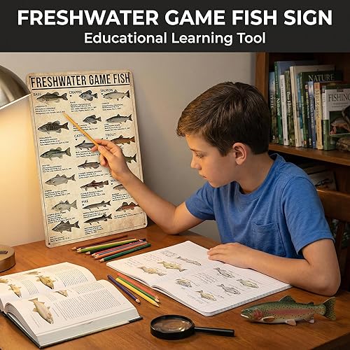 Miniatura 4 de Letrero de estaño vintage Regalo para niños amantes de la pesca Conocimientos sobre peces de agua dulce para la cueva del hombre, habitación de los