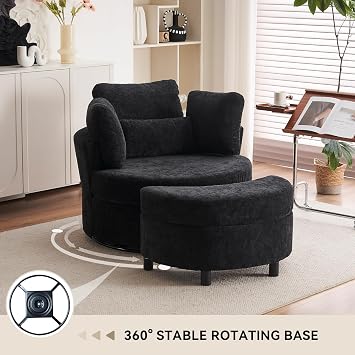 DEKKETO Chenille Swivel Cuddle Tub Chair with Storage Footstool, Black