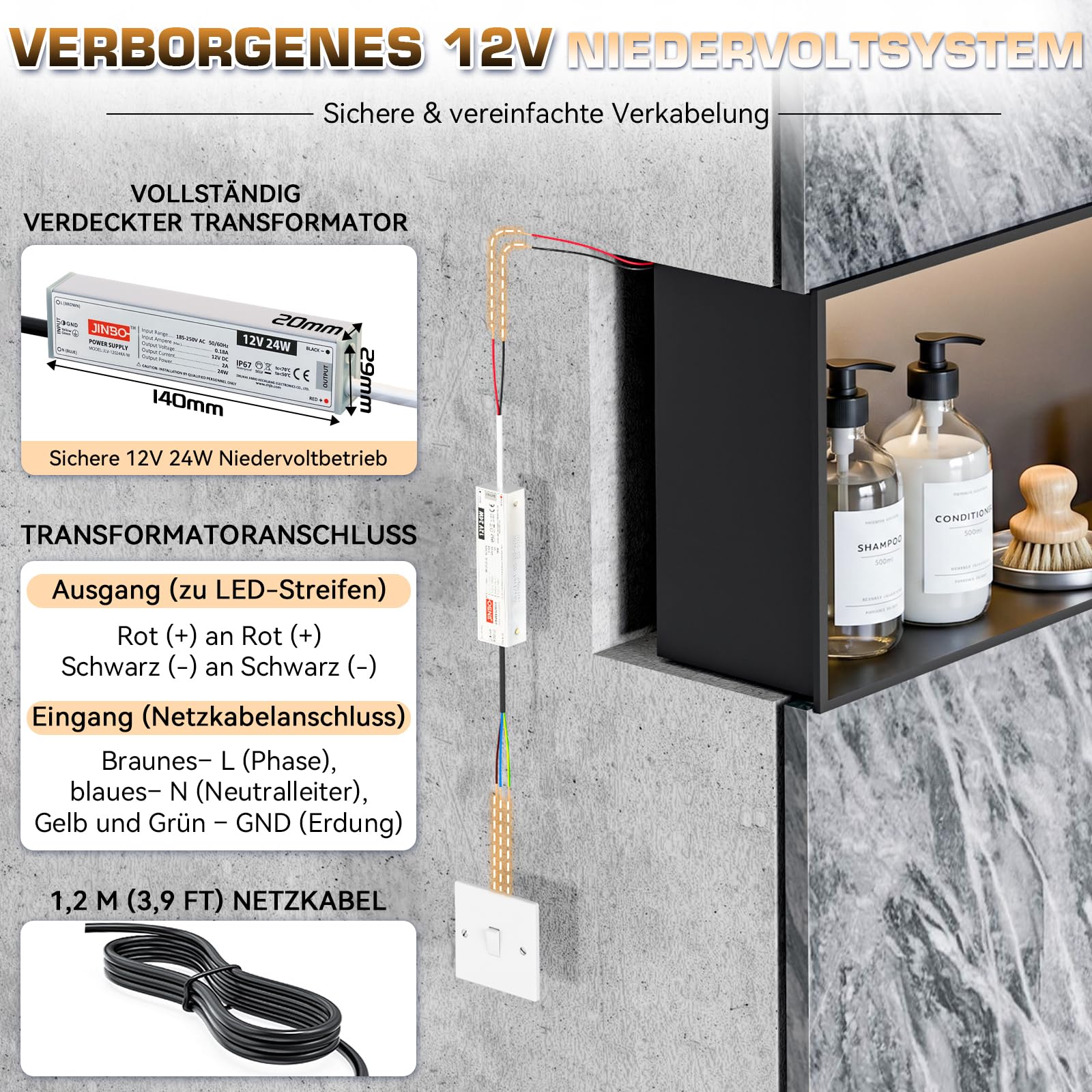 Ducha de 60 x 30 cm, nicho de pared de acero inoxidable 304, nicho de ducha empotrado con iluminación LED y transformador, resistente al agua, nicho de pared, ducha, estante individual, almacenamiento