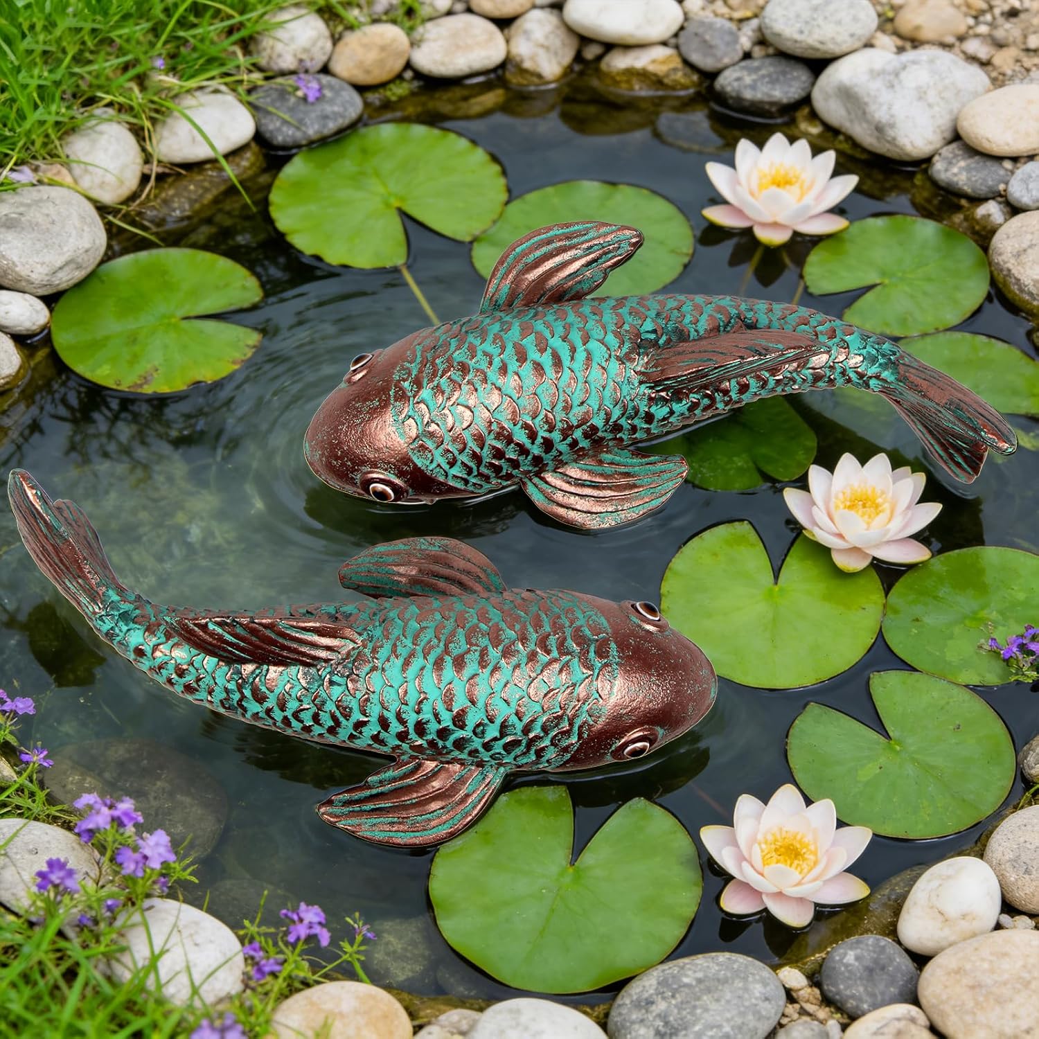 Garden Statues,Koi Fish Decor,Set of 2 Antique Koi Fish Garden Statue,Sculpture for Outdoors,Patio Decor,Backyard and Home Kitchen Decoration,Gifts for Mom Women Grandma