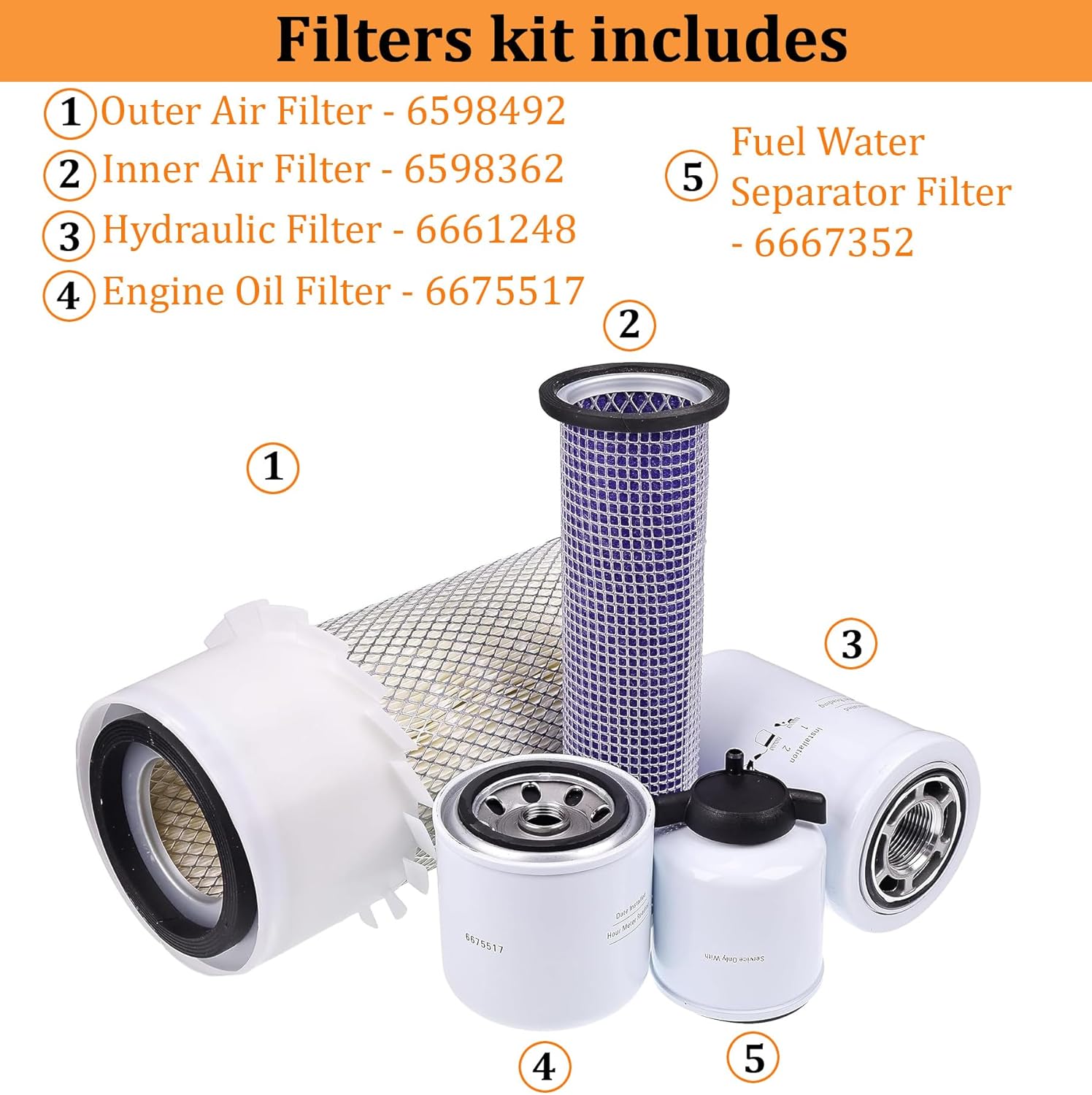JEENDA Air Filter & Oil Filter & Skid Steer Filters kit 6598362 6598492 6675517 6667352 6661248 for Bobcat 751 751G 753 763 773 7753 753G 763G 773G S130 S150 S160 S175 S185 S205 T140 T180 T190