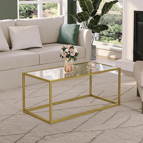 Miniatura 5 de SAYGOER Mesa de centro dorada de cristal, mesa central rectangular moderna, mesa de sofá minimalista simple para sala de estar, oficina en casa,