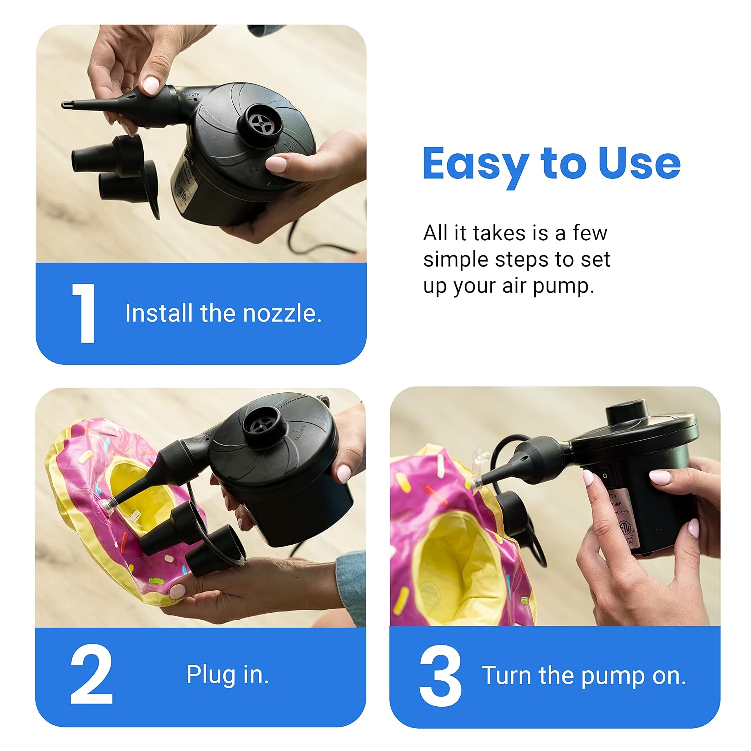 Etekcity Air Pump for Inflatables, Portable Electric Air Mattress Pump, Quick-Fill Perfect Inflator/Deflator for Couch, Blow up Pool Floats Raft Bed Boat Toy with Nozzles,... - Image 5