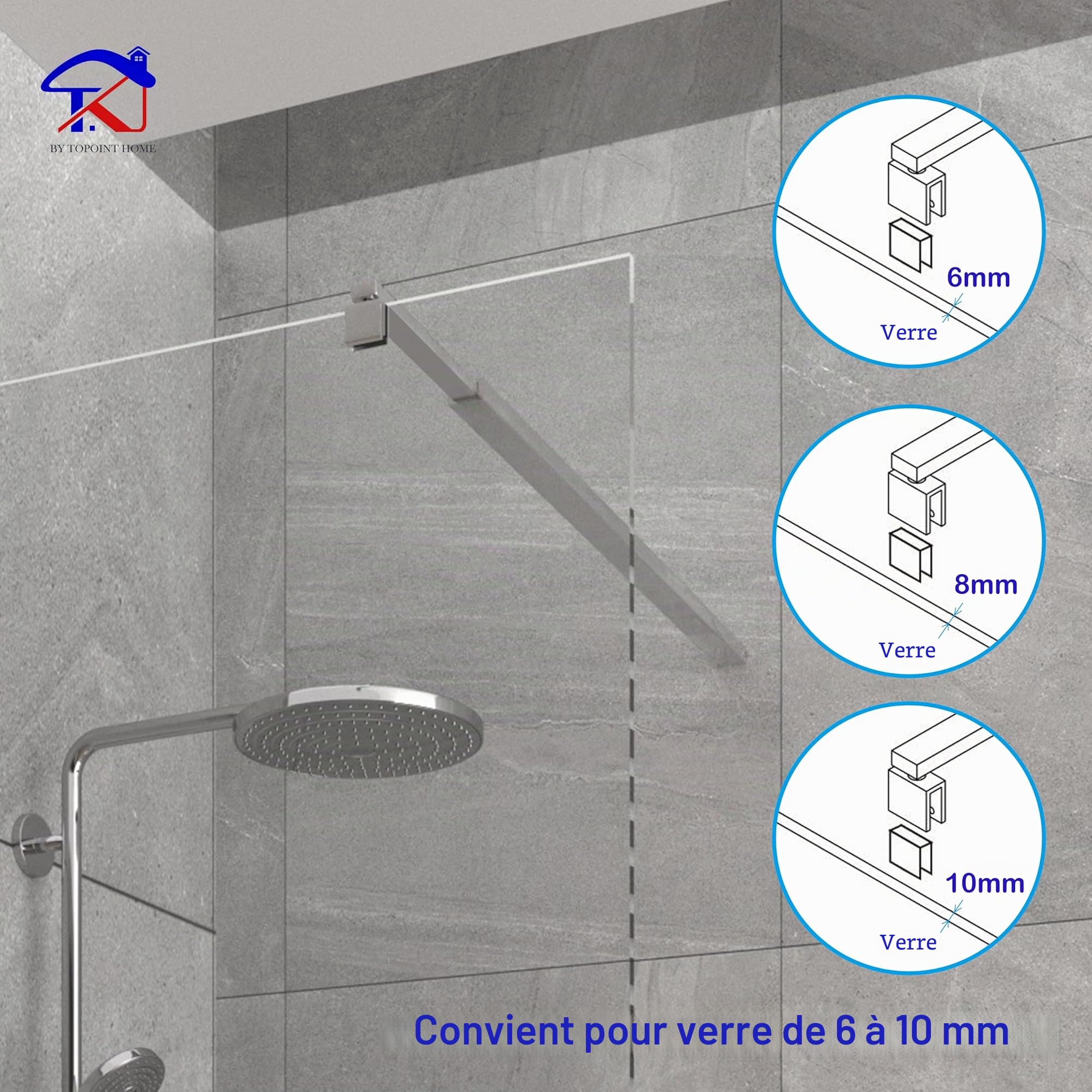 T&K Barre de stabilisation Barre de support télescopique chrome longueur réglable 700mm à 1300mm, pour écran de douche et panneaux de baignoire, compatible avec du verre de 6-10mm