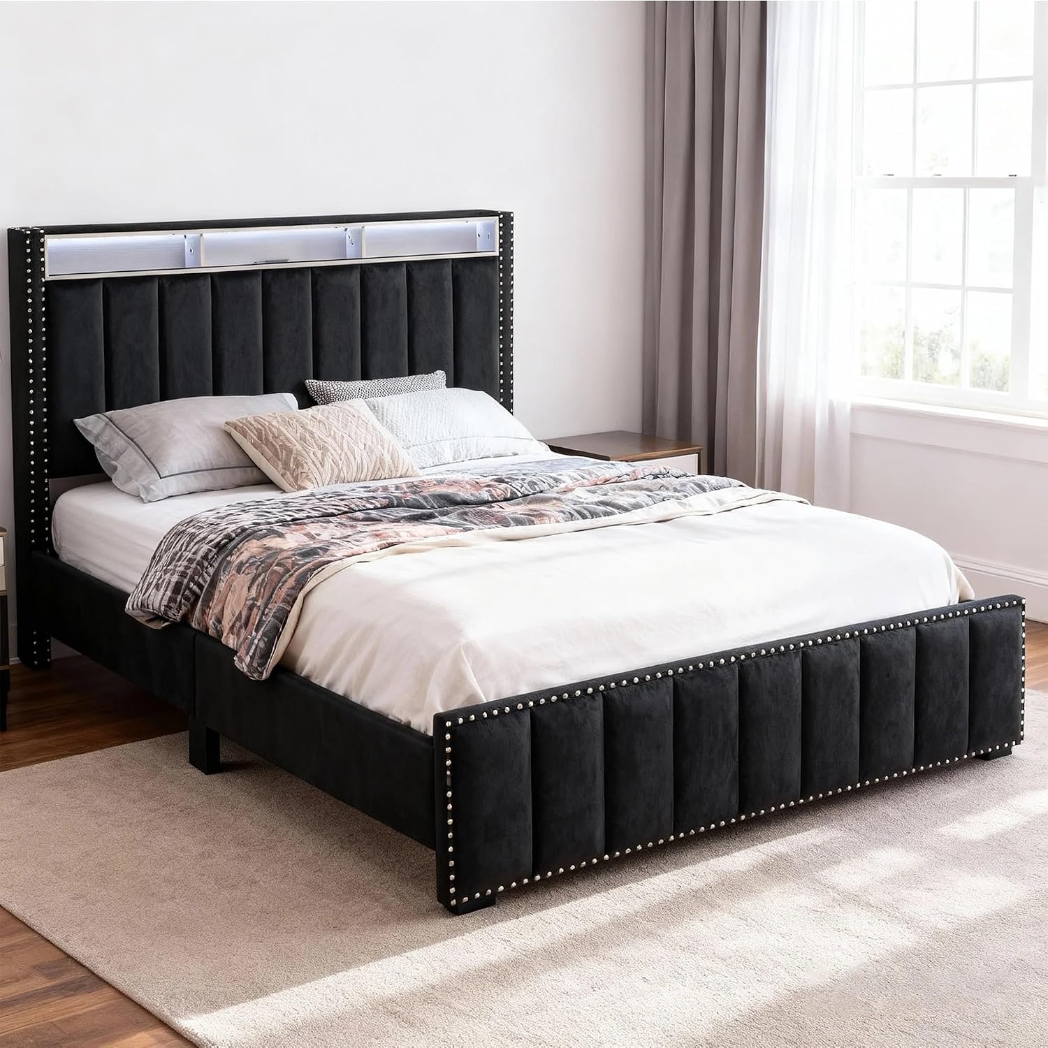 Glamorous Black Color 1pc Queen Size Bed Storage Shelve LED Tufting Bedroom Furniture Fabric Nailhead