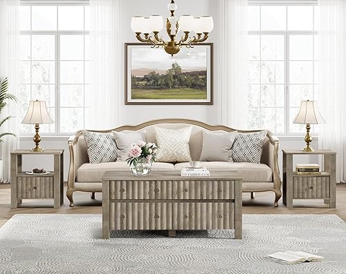 Miniatura 8 de WAMPAT Paquete de 2 mesas auxiliares modernas, mesa auxiliar rectangular con cajones de almacenamiento deslizantes, mesa central con patas de madera