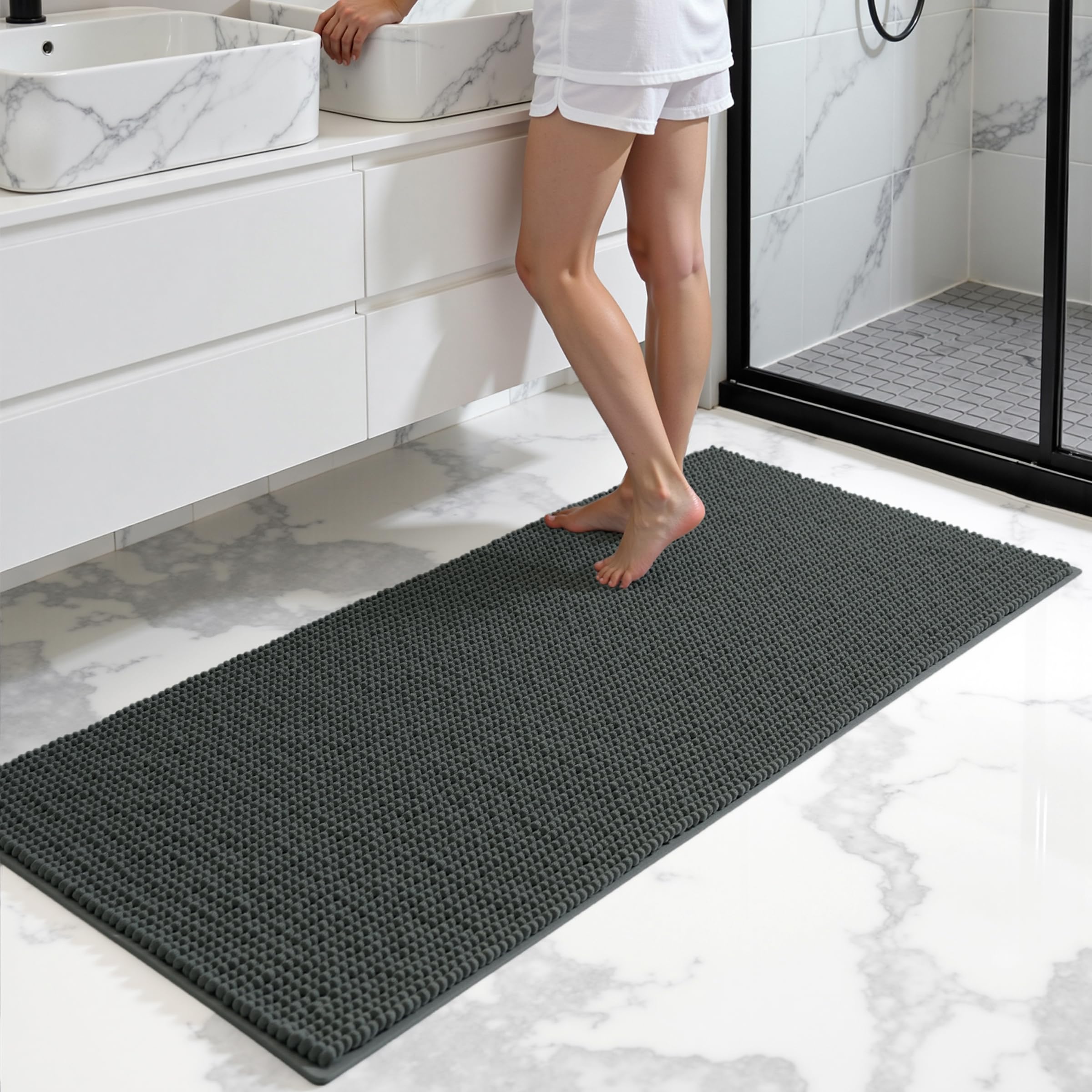 subrtex Badezimmerteppich, Chenille-Badteppich, weich, kurz, Plüsch-Badematte, weiche Duschmatte, wasserabsorbierend, schnell trocknend, maschinenwaschbar (Grau, 61 x 152,4 cm)