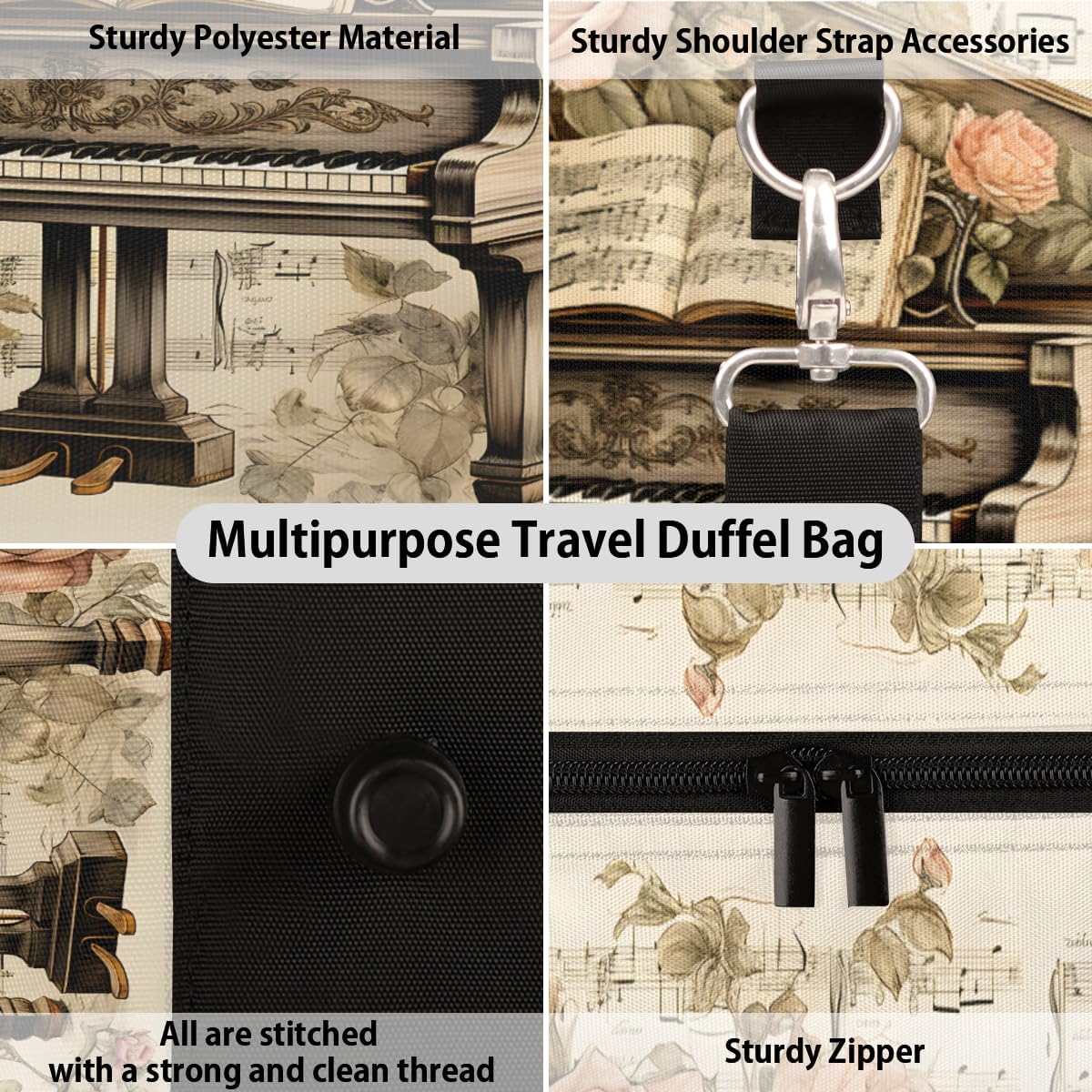 Piano Rose Vvintage Travel Duffel Bag for Women Men Large Capacity Overnight Weekender Bags for Lightweight Waterproof Sport Gym Bag for Workout Yoga Swim