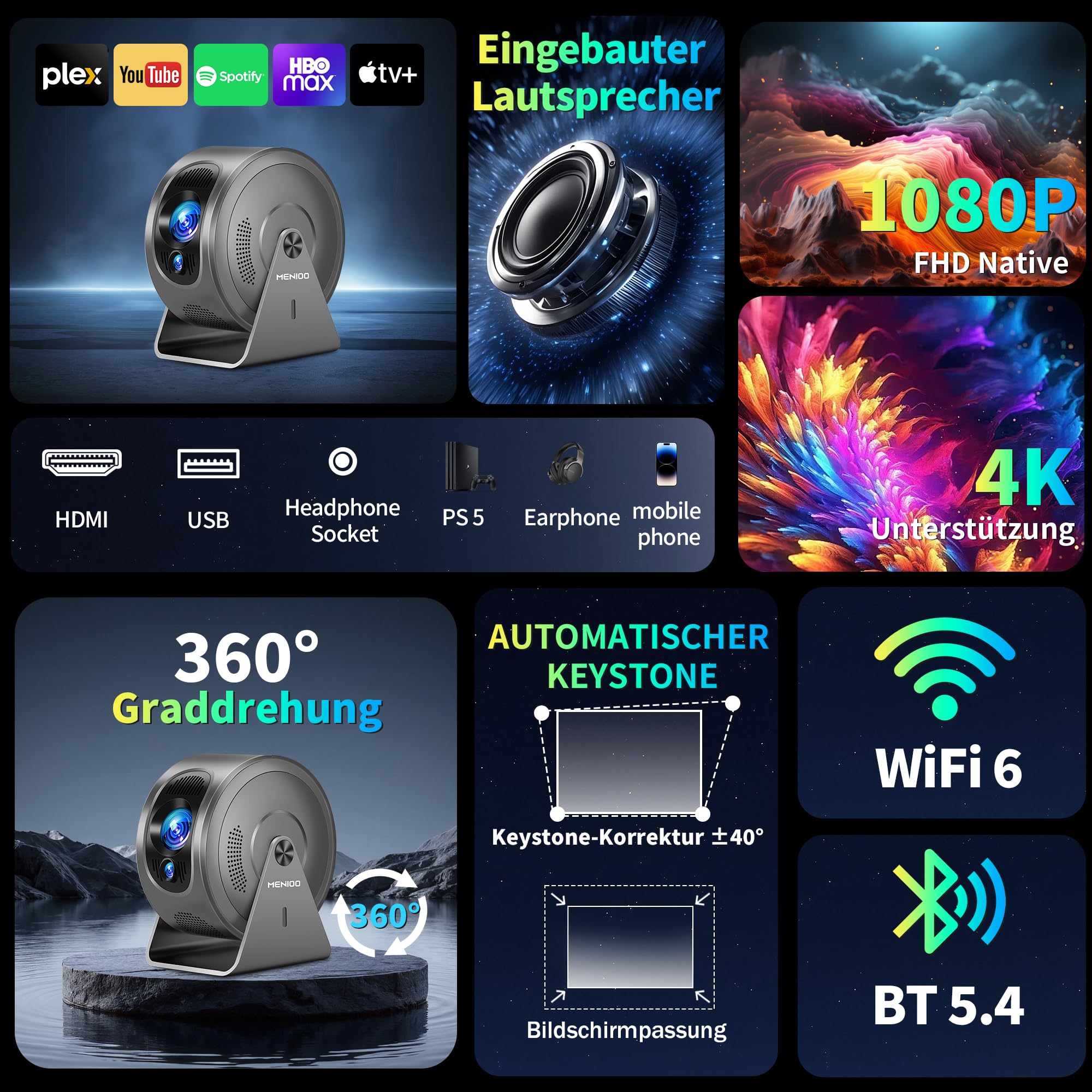 Mini proiettore [app integrate] Proiettore 4K 1080P, 2026 aggiornato Auto Focus & Auto Keystone 360 ° Proiettore portatile con WiFi 6 e Bluetooth 5.4 compatibile con HDMI/TV Stick/USB/laptop, grigio