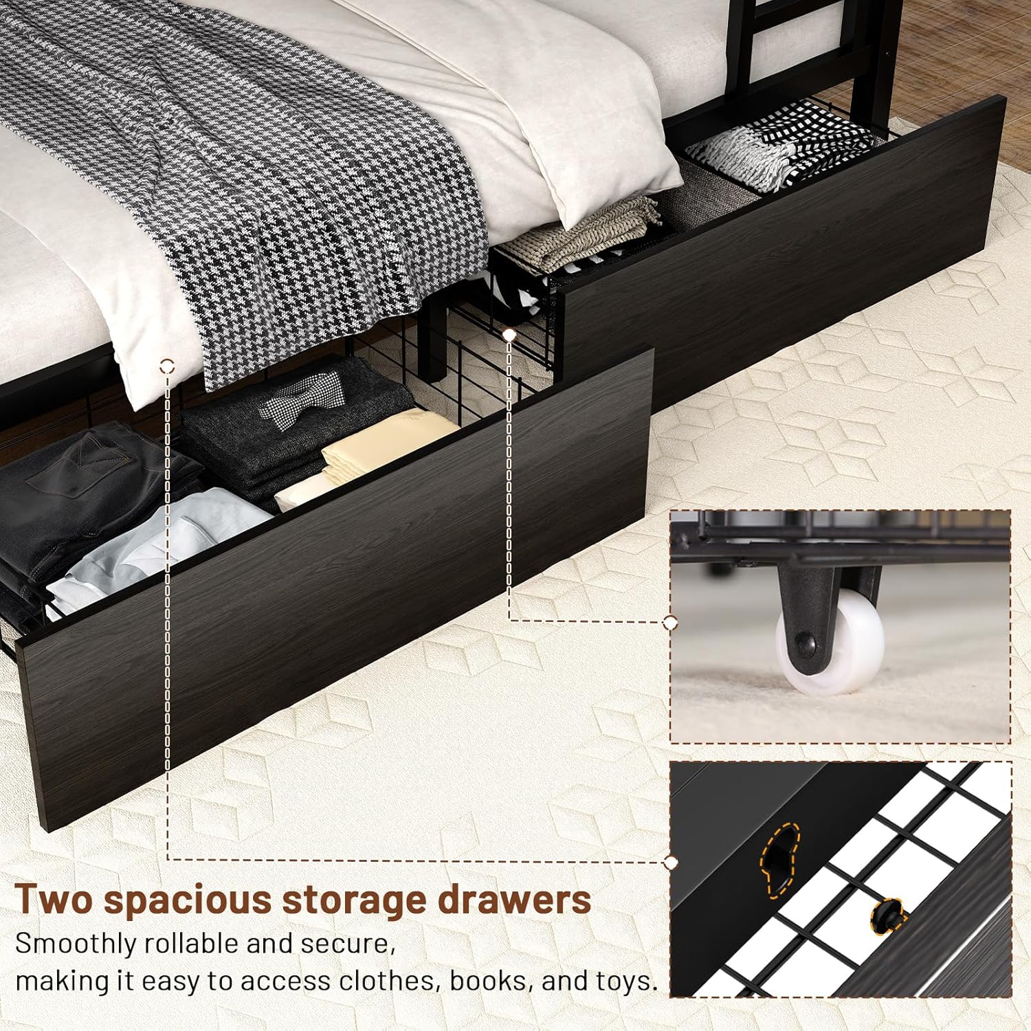 Bunk Bed with Reversible Foldable Desk,Upper bunk storage and 2 Storage Drawers Twin XL Bunk Bed with LED Lights and Charging Station,bunk Beds with Safety Guardrail & 4 hooks,Space-Saving, Black