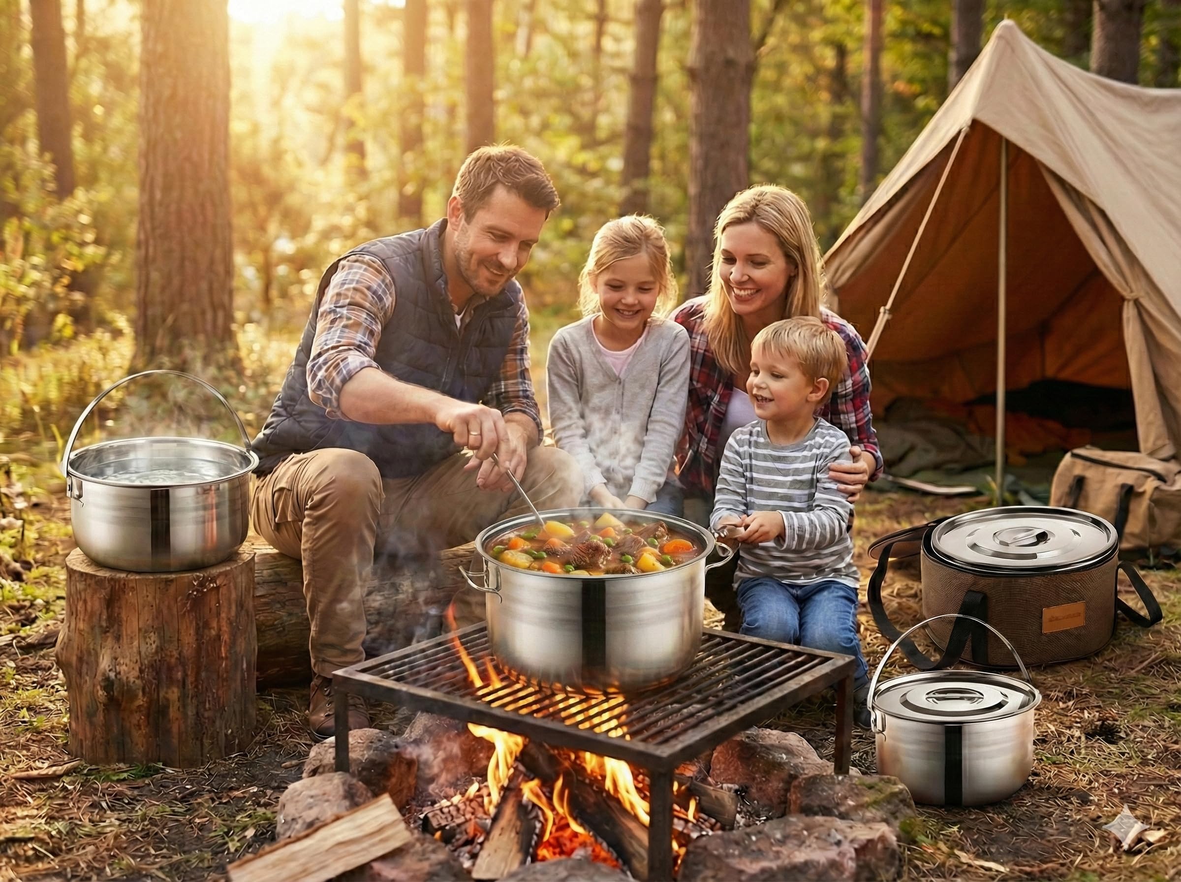 Camping-Kochgeschirr-Set – Kompaktes Edelstahl Lagerfeuer Kochtöpfe und Pfannen | Kombi-Set mit Reisetasche | Robustes Outdoor-Kochset zum Wandern | Grillen | Strand