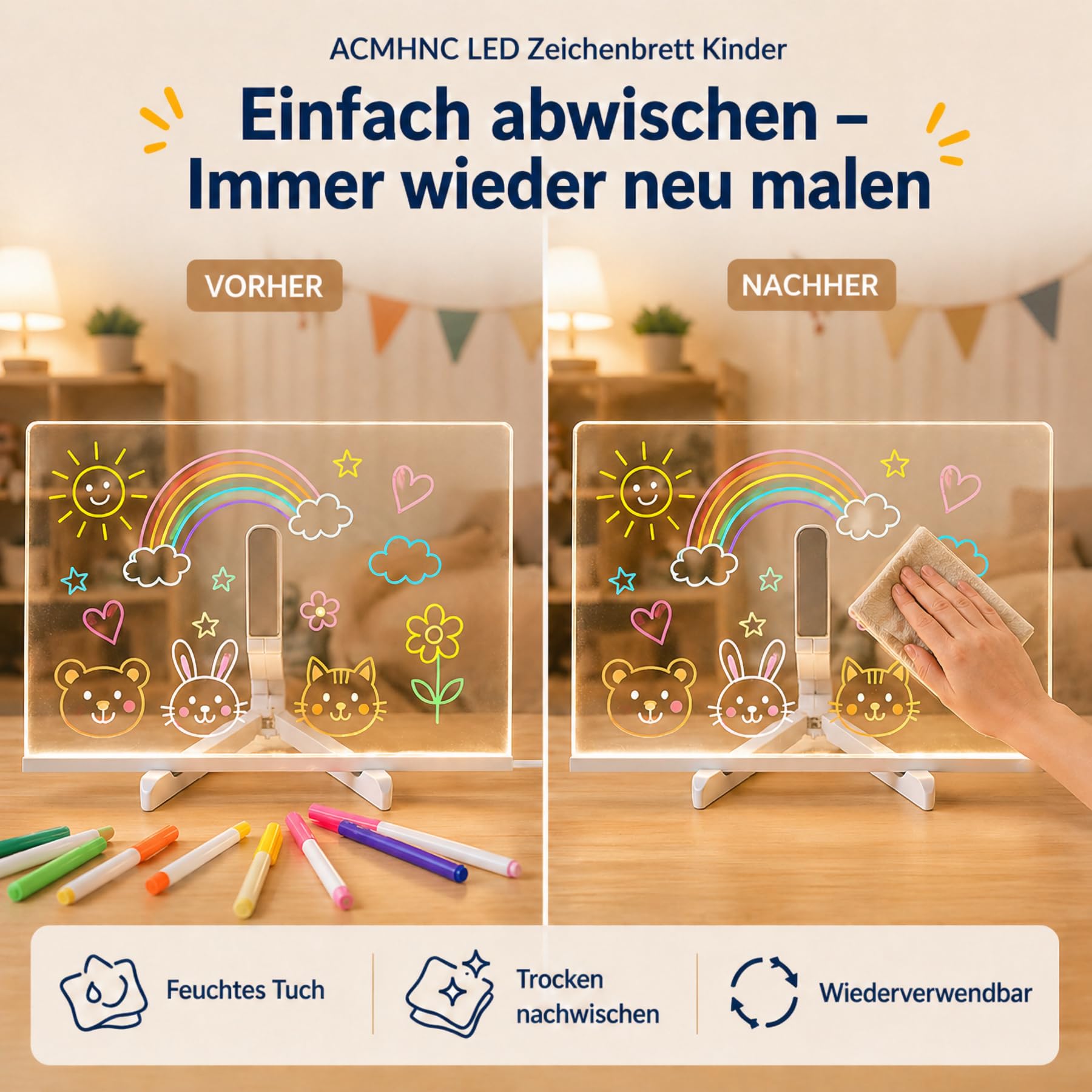 ACMHNC LED Zeichenbrett Kinder, LED Notiztafel mit 7 Farben Stift, Leuchtende Maltafel für Mädchen Junge, Abwischbare Acryl Schreibtafel 30x20cm, als Geschenk für 3-12 Jahre, Drawing Board
