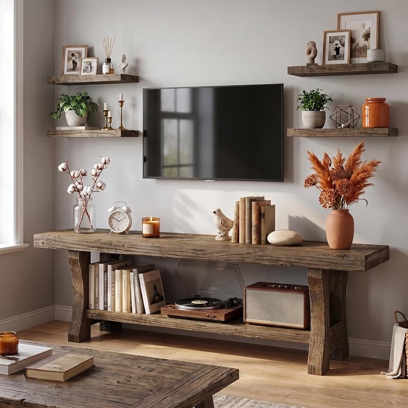 Solid Wood TV Stand with 2-Tier Open Storage Shelves, Farmhouse 55.1" Media Console for Living Room Bedroom, Easy Assembly, Dark Brown image 5