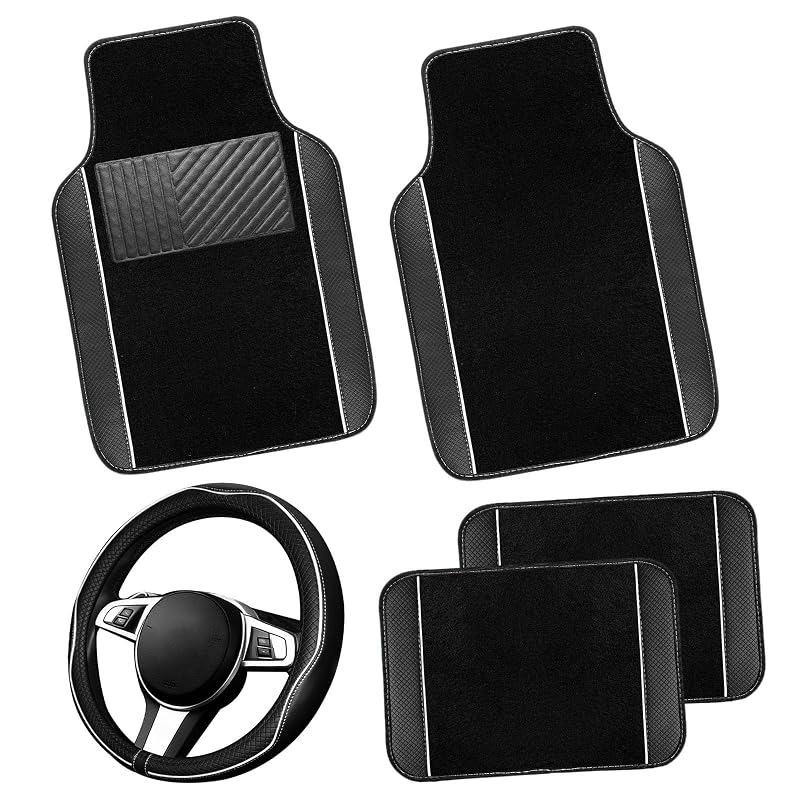 Kit de tapetes automotivos e capa para volante em microfibra preta com linha branca, para volantes de 36,8–38,1 cm, NBTEPEM, 5 peças