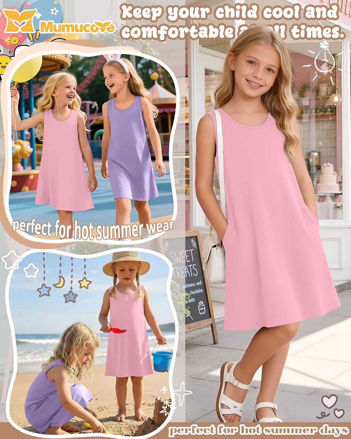 2 Pack Girls' Summer Dresses Sleeveless Tank Dress Kids Casual Loose Crewneck Beach Sundress with Pockets 5-14 Years