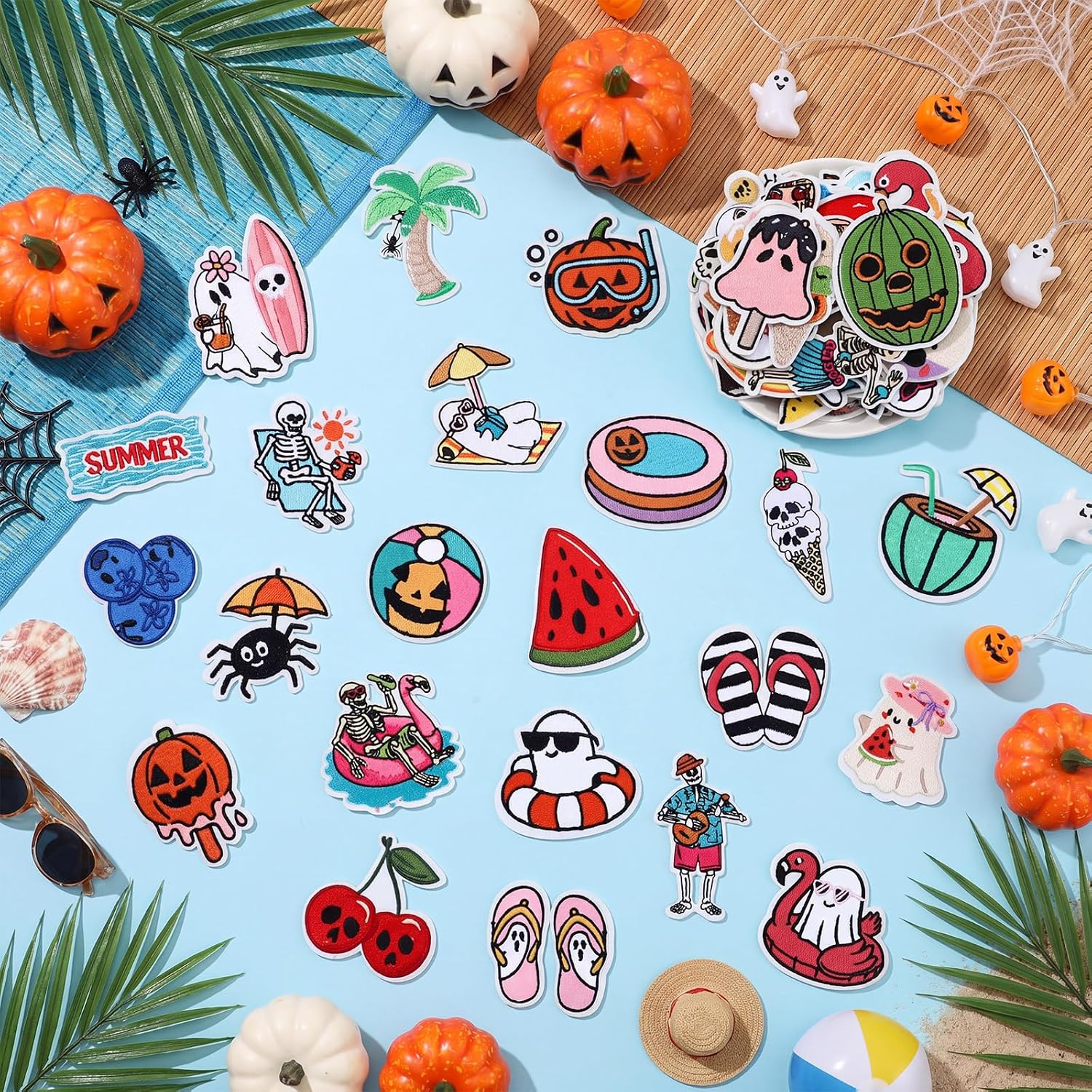 60 Pcs Summer Halloween Patches Iron on Embroidered Iron Patches DIY Crafts for Clothes Hats Backpacks Jackets Shoes Accessories