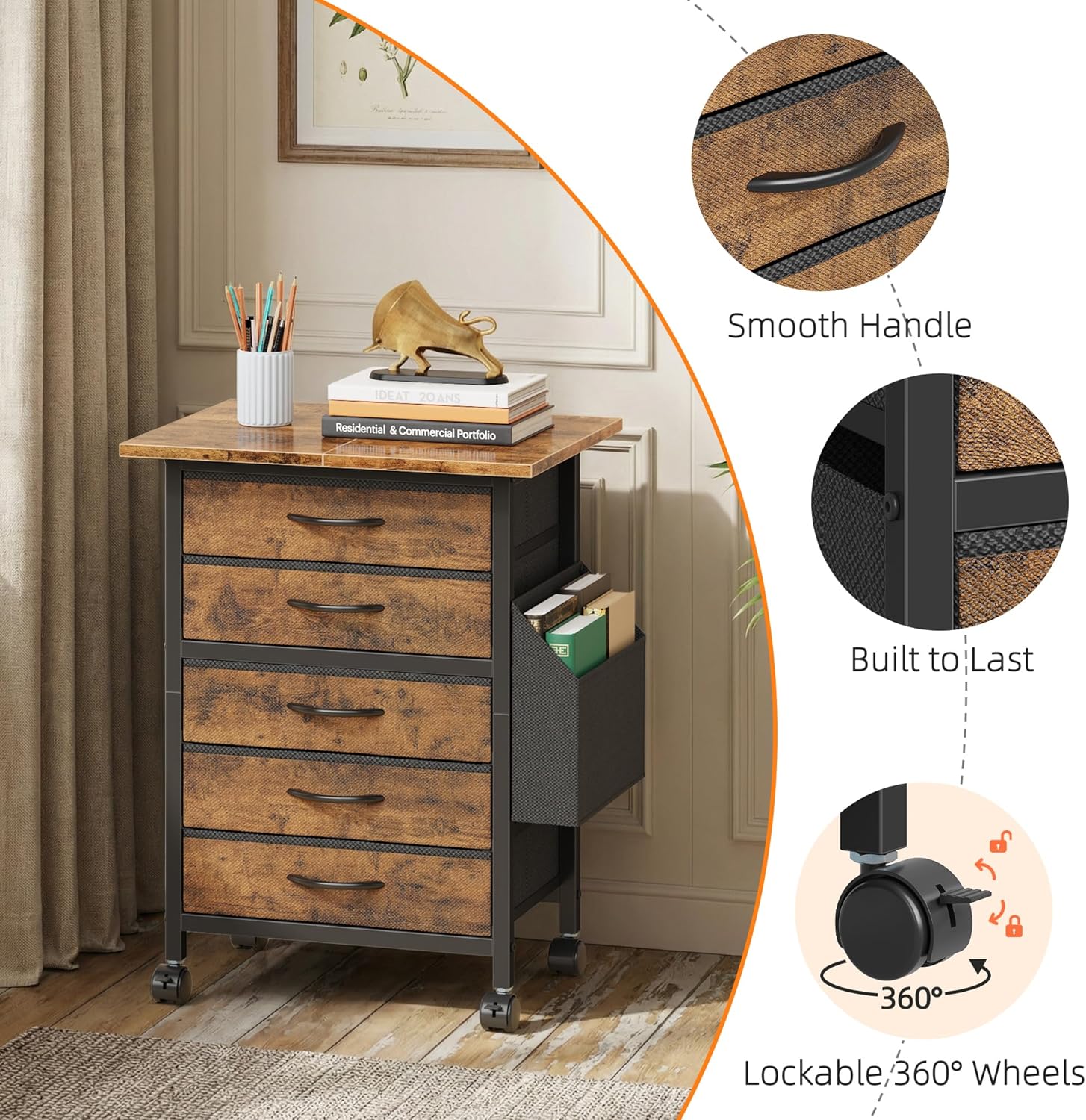 5 Fabric Drawers File Cabinet with Side Pocket, Rolling Printer Stand with Storage for Home Office, Wood Top Storage Cabinet for Documents and Crafts, Rustic Brown, 15" D