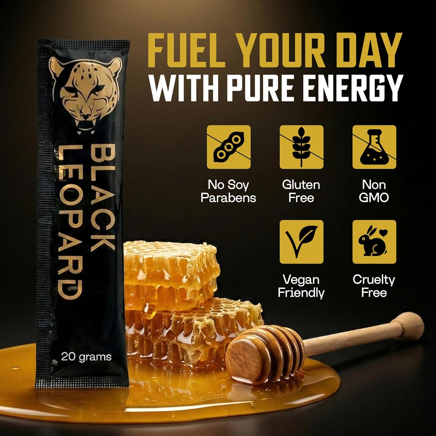 Black Leopard Honey Packs, Pure Honey Sachets with Bee Pollen, Single Serve Honey Packets for Natural Energy and Daily Vitality, 20 Gram Sachets, Pack of 10