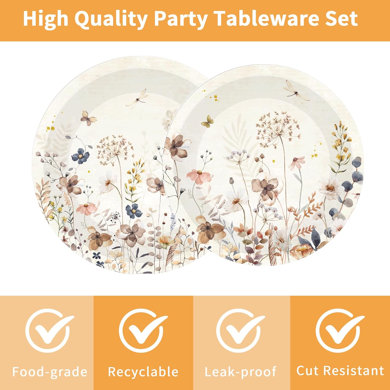 96 Pcs Floral Party Decorations, Boho Wildflower Themed Baby Shower Tea Garden Birthday Party Supplies Tableware Set for 24 Guests, Includes Plates Napkins Forks
