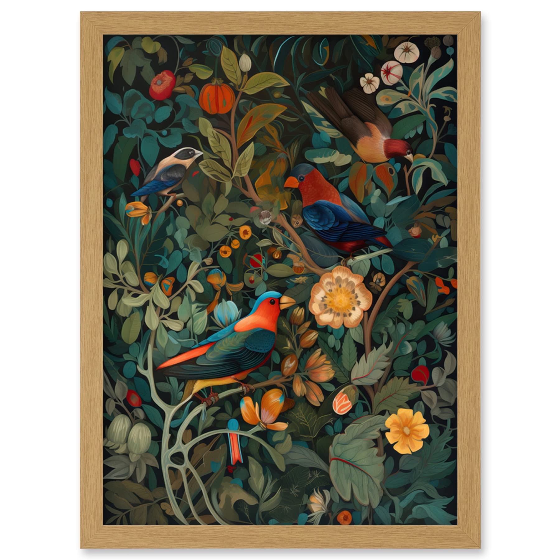 Artery8 Parrots on Exotic Blooming Trees Modern Folk Art Artwork Framed Wall Art Print A4