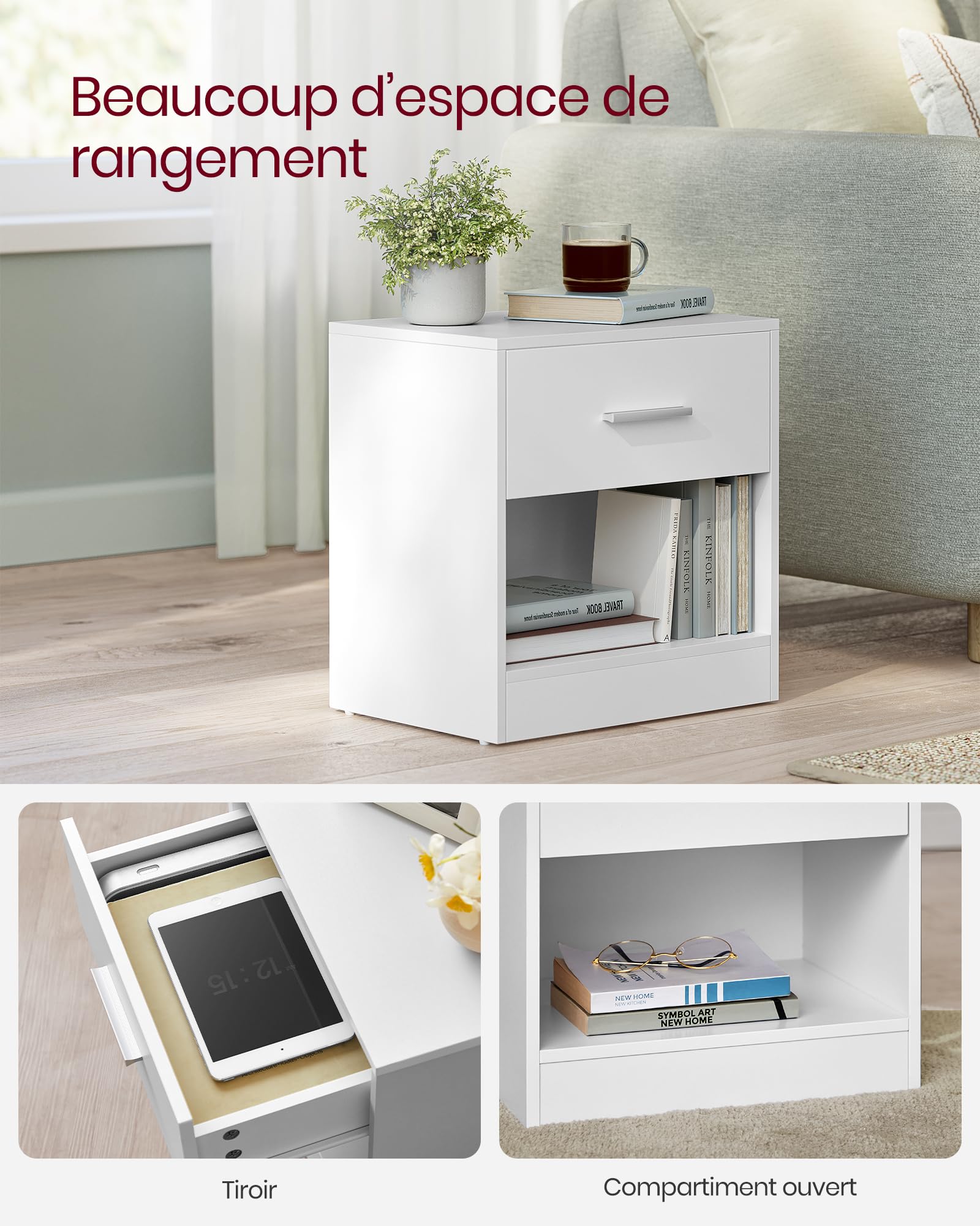 VASAGLE Custos Collection - Table de Nuit, Lot de 2, avec Tiroir, Poignée, Compartiment Ouvert, Table d Appoint, pour Chambre, Salon, Blanc Classique LET819T14