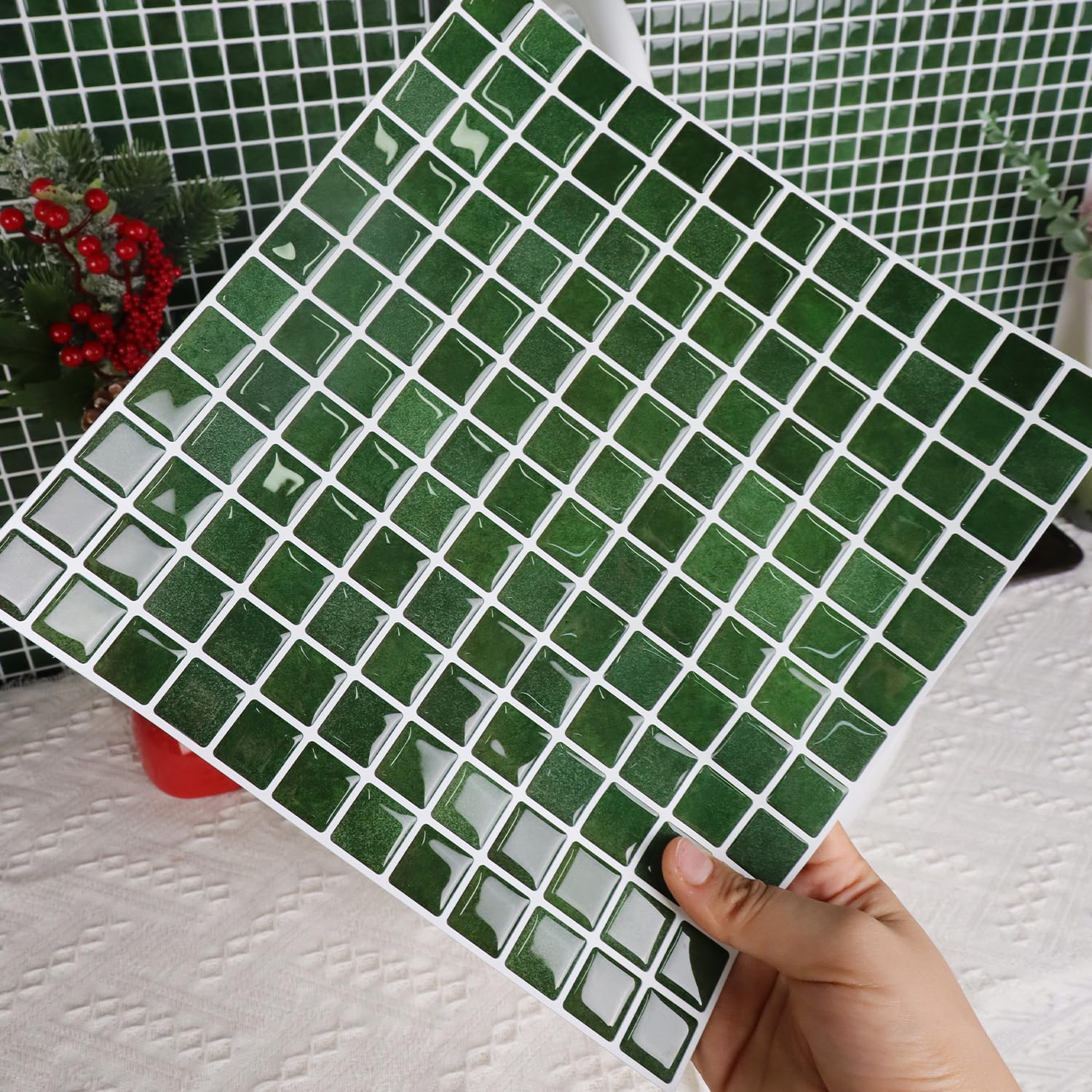 Alwayspon Piastrelle adesive da parete in vinile 3D a mosaico, 25,4 x 25,4 cm, impermeabili, autoadesive, paraspruzzi, per cucina, bagno, parete, verde retrò, 10 pezzi