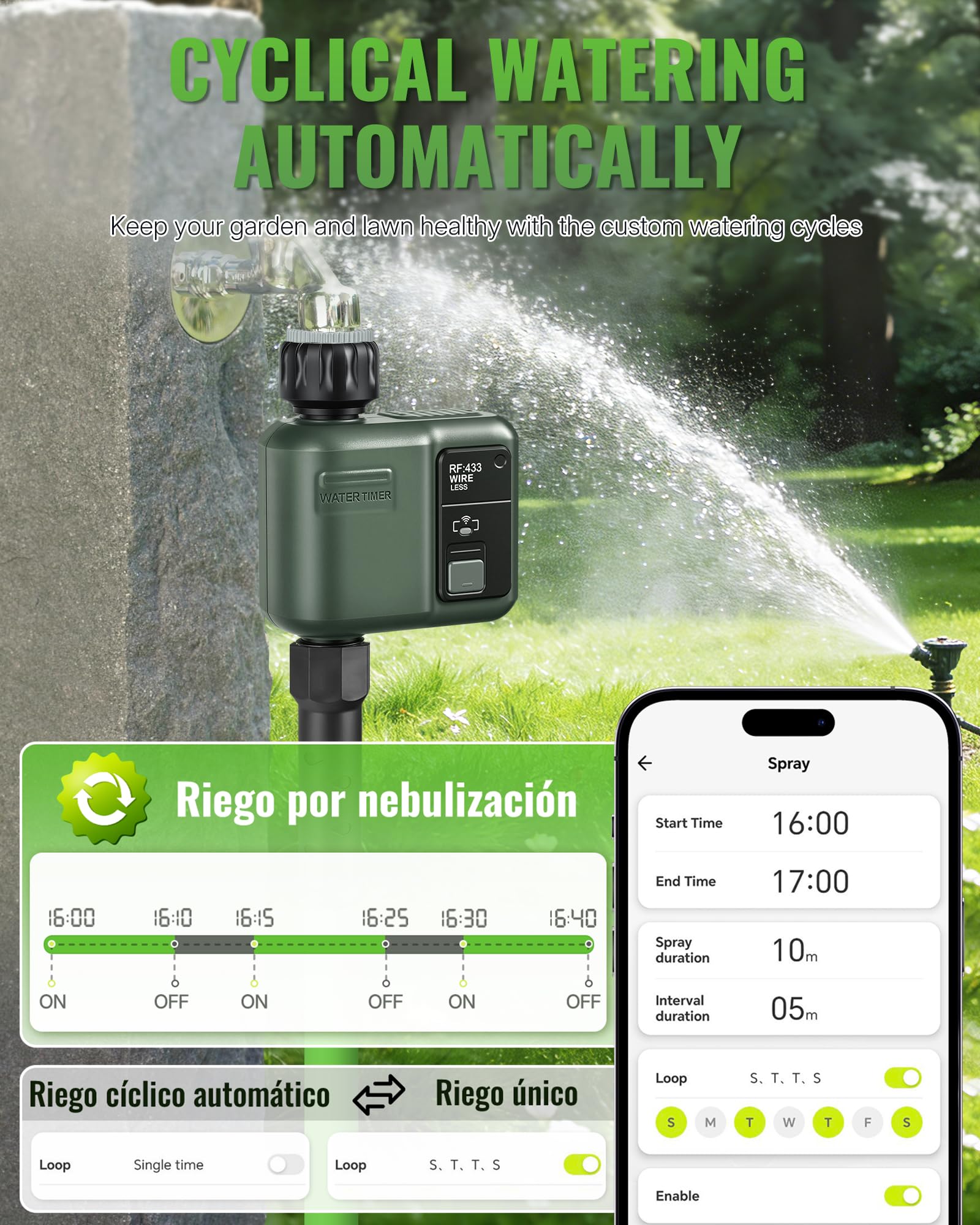 Ordenador de Riego WiFi, Temporizador de Manguera, Programador de Aspersores, Riego Inteligente, Modo Automático y Manual, Alcance 300 m, para Jardín, Césped, Terraza, Verde Oscuro ZD31WTD06