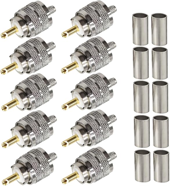 TUOLNK SO239 Connector 10 Pack PL259 Male Plug Crimp Coax Adapter SO239 PL-259 Connector for RG58 RG142 Compatible with CB Ham Radio Antenna