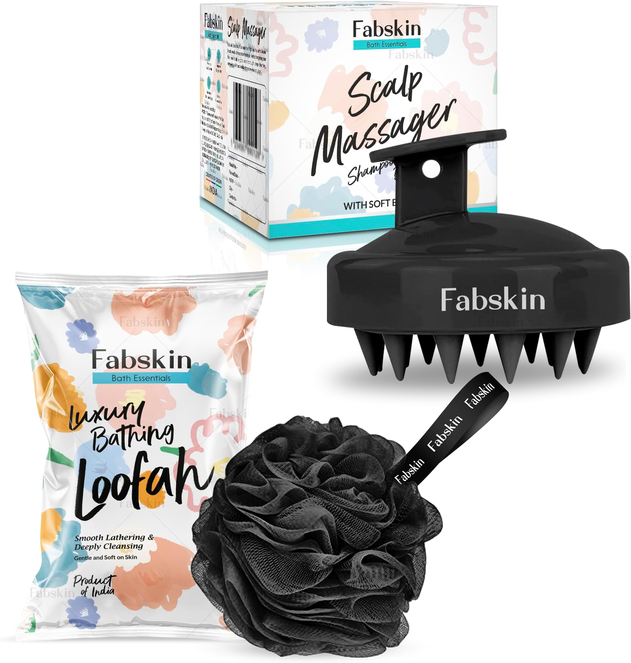 FABSKIN Loofah for Bathing & Scalp Massager Shampoo Brush Combo For Men & Women | Black