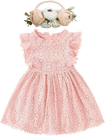 BGFKS Baby Girl Tutu Dress Elegant Lace Pom Pom Flutter Sleeve with Flower Headband Set