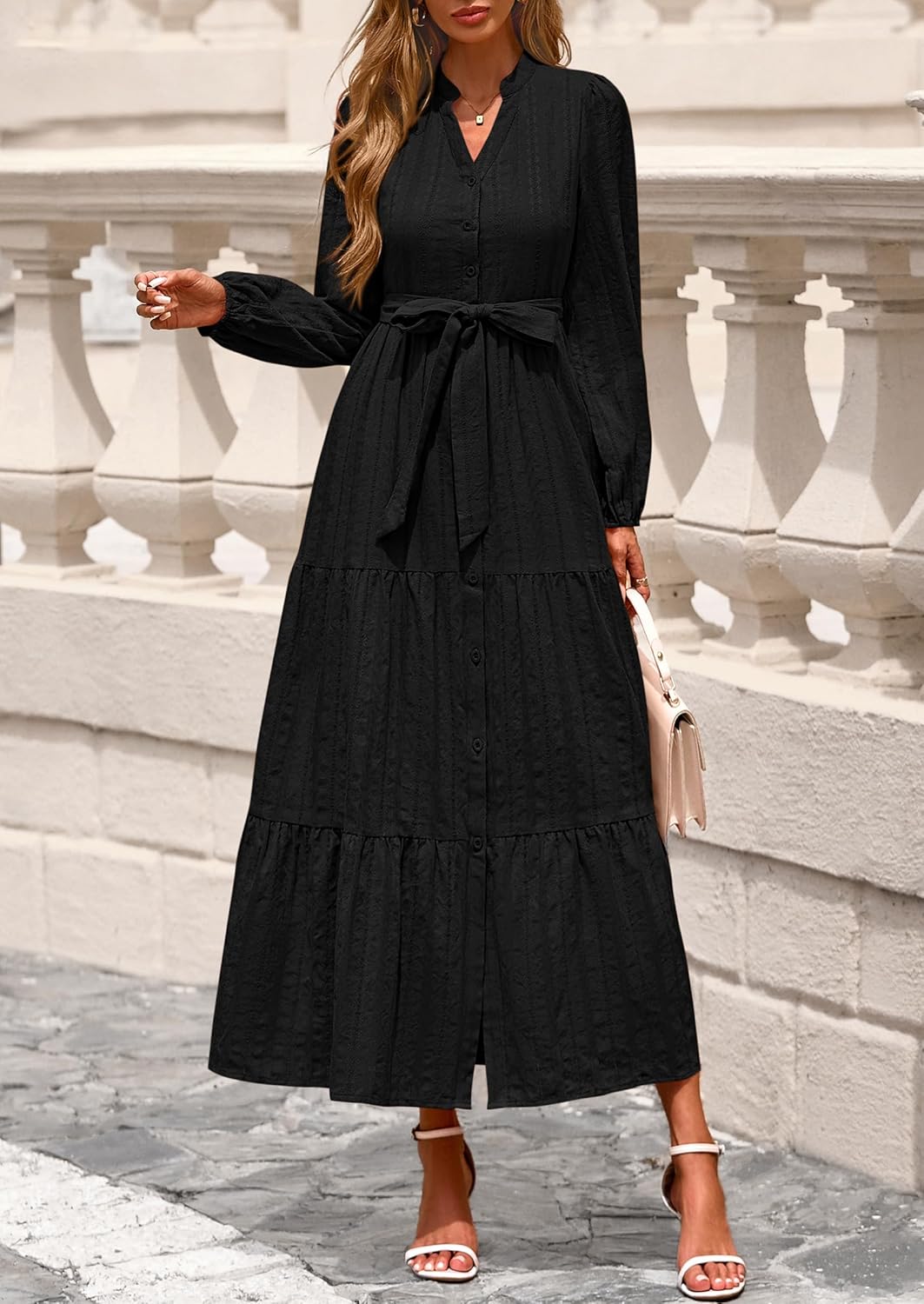 PRETTYGARDEN Womens V Neck Long Sleeve Maxi Dresses 2026 Spring Casual Button A Line Flowy Formal Wedding Guest Cotton Dress - Image 2