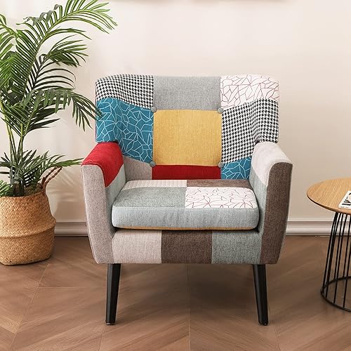HAUSHECK Modern Living Accent, Armchair with High Back, Solid Wood Legs & Seat Cushion, Creative Coloforful Splicing Cloth, Upholstered Single Sofa Bedroom, Reading Room, Colorful Chair