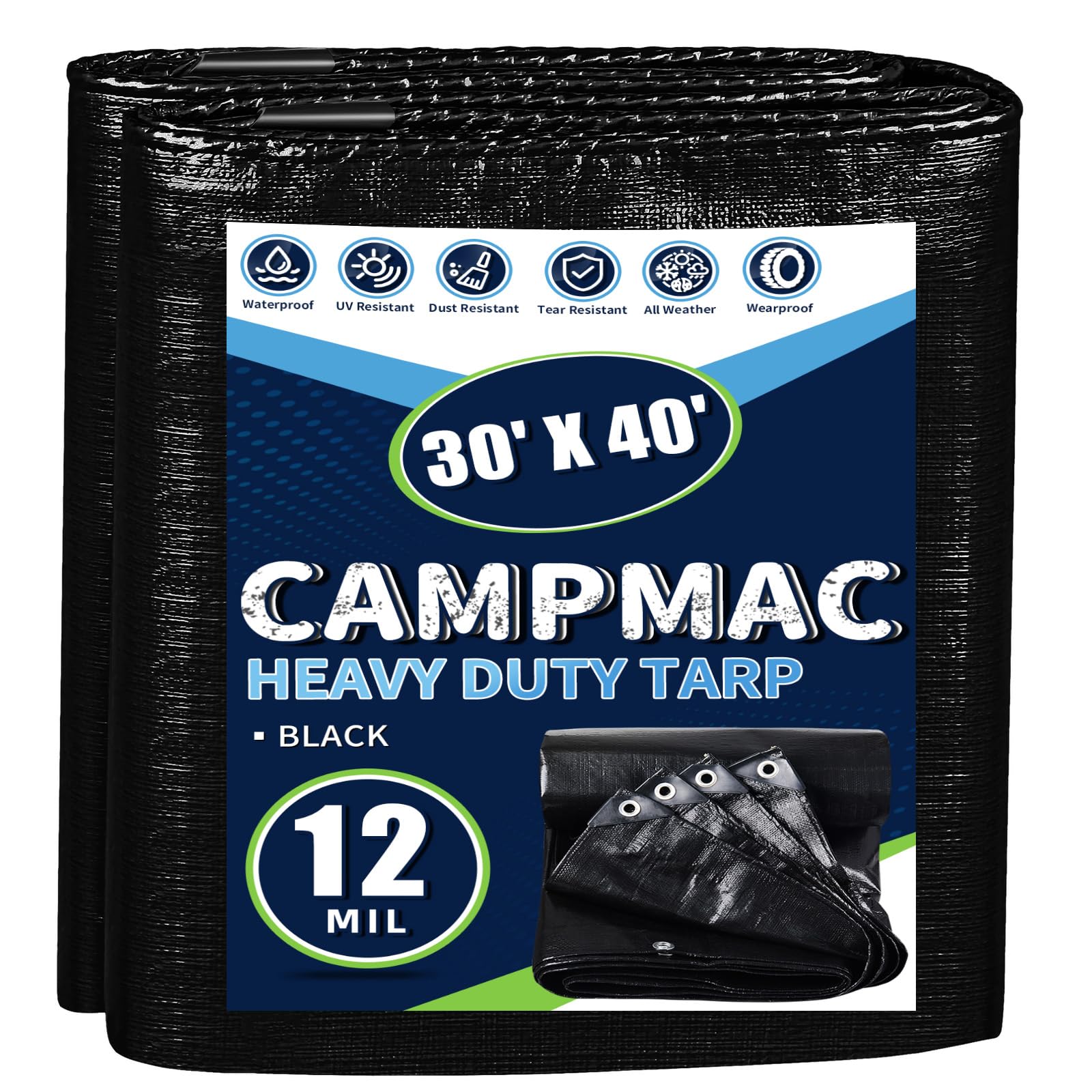CAMPMAC Black Tarps Heavy Duty Waterproof 30x40, 12 Mil Thick