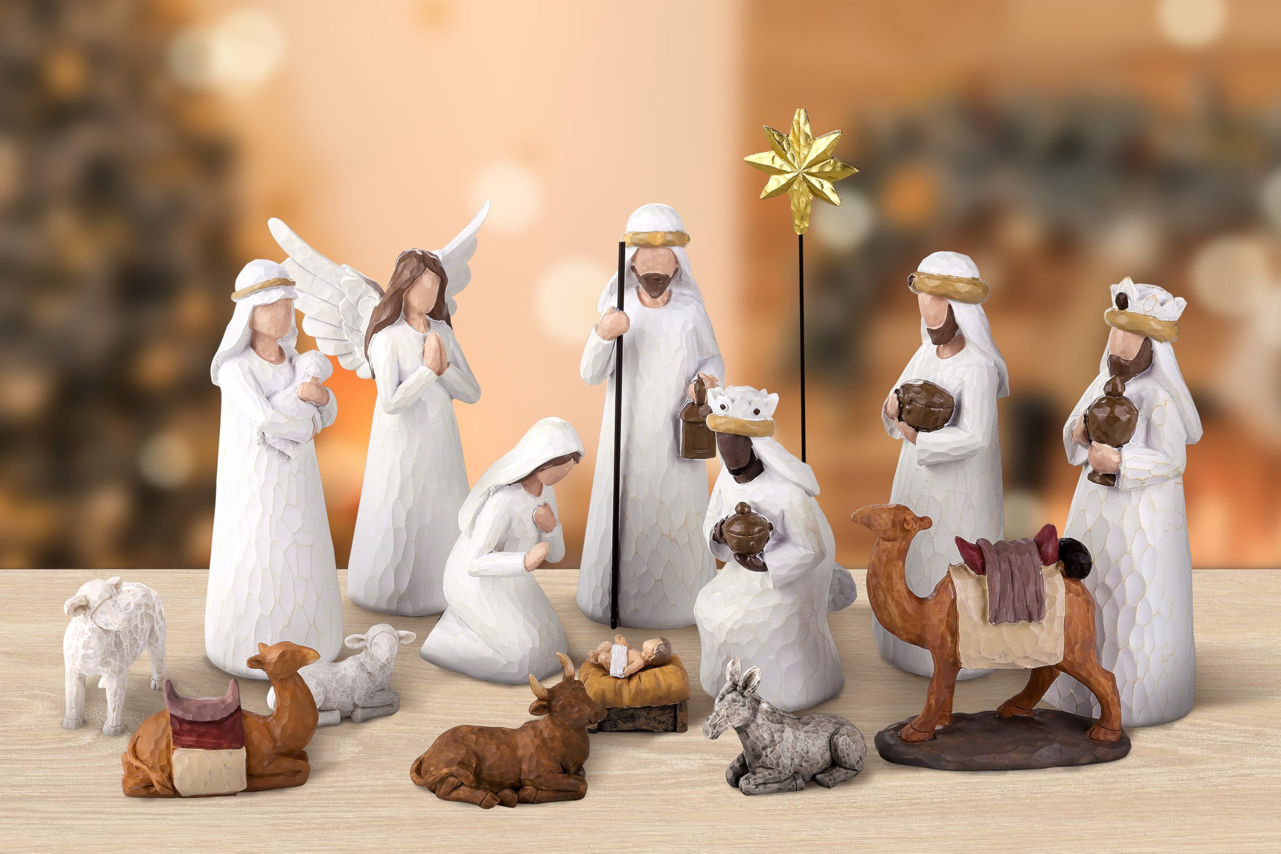 Fovths Ensemble de 16 pièces de crèche de Noël classique - Figurines de démarrage en résine - Décoration en résine - 17,8 cm - Figurine Sainte Famille pour Noël - Décoration d'intérieur