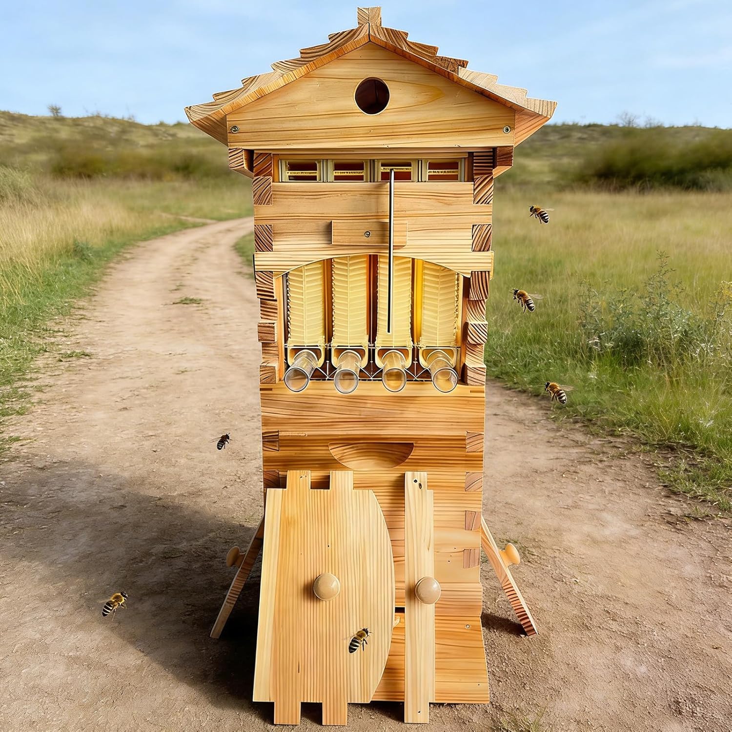 Natural Cedar Wooden Beehive – Self-Flow Beginner Beehive Starter Kit, Mini Compact Beehive with Plastic Honey Comb & Viewing Window, Easy Assembly for Home & Balcony Use
