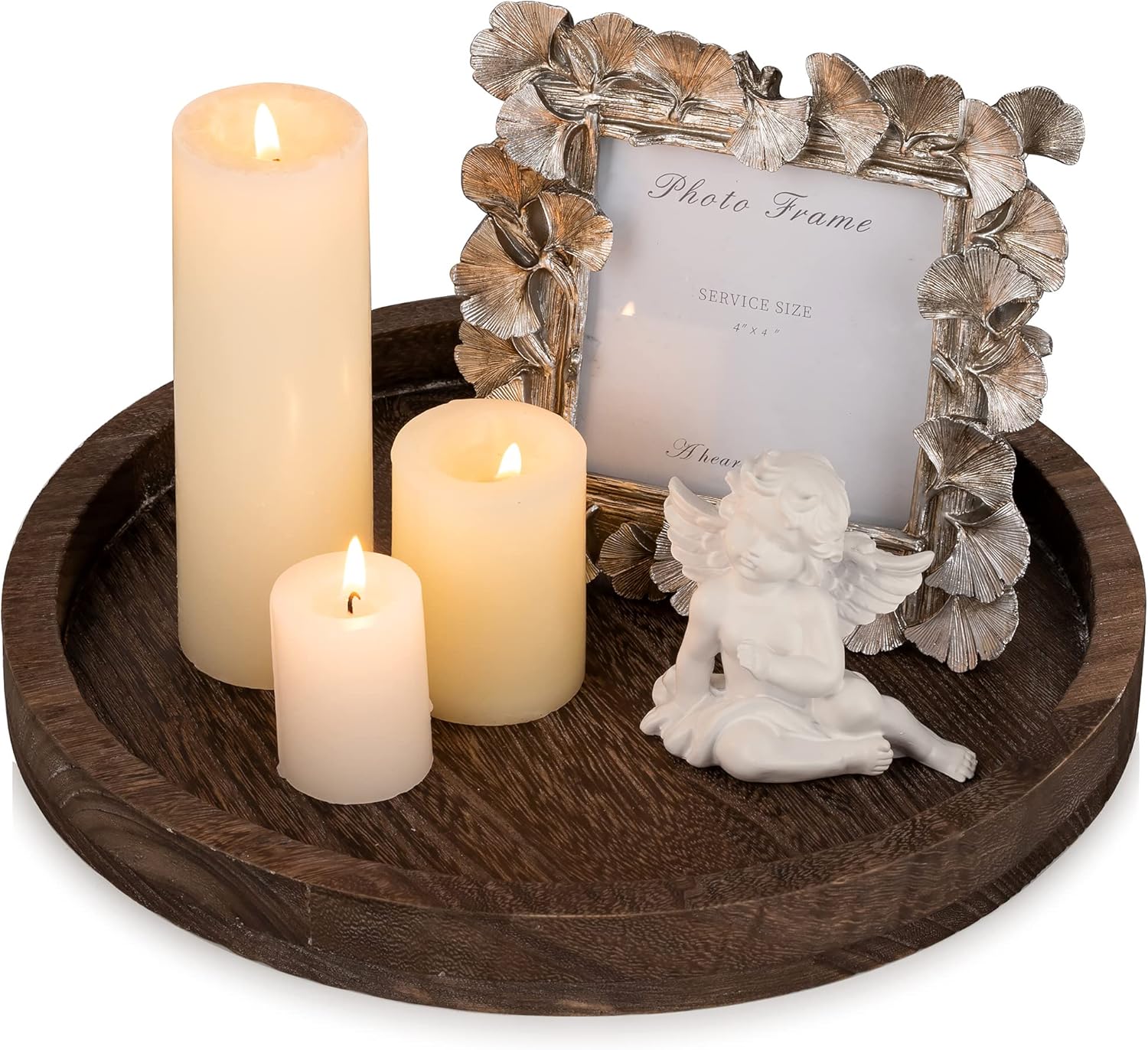 Hanobe Round Wood Candle Tray Rustic Wooden Candle Holder Distressed