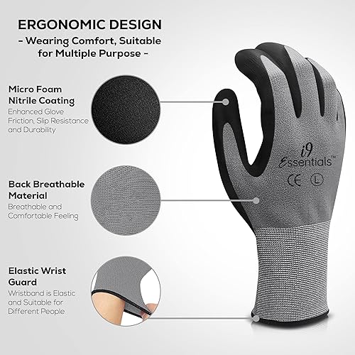 Miniatura 2 de I9 Essentials 12 pares de guantes de trabajo de microespuma con revestimiento de nitrilo para pantalla táctil, guantes de seguridad de agarre
