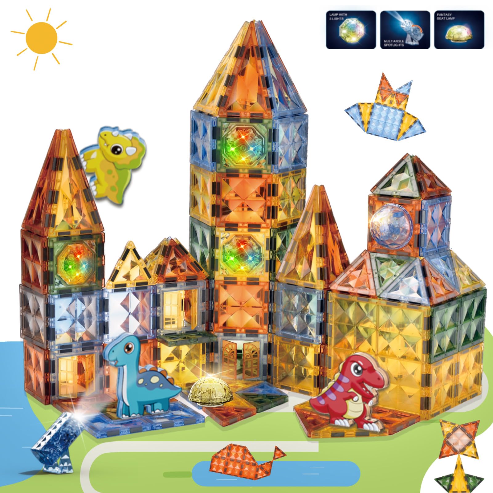BINZKBB Deluxe Magnetic Building Blocks,3D Lighted Magnetic Tiles Magnet Dinosaur Educational Construction Set 57pc,Creativity Learning Toys for Ages 3 4 5 6 7+ Year Old Boys Girls Toddlers