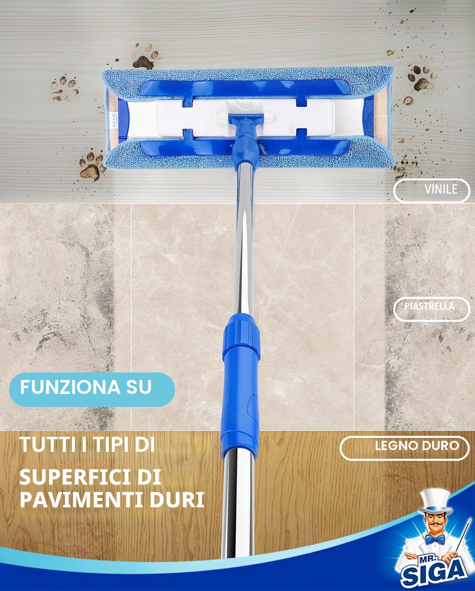 MR.SIGA Mop professionale in microfibra per la pulizia di pavimenti in legno duro, laminato e piastrelle, manico in acciaio inossidabile