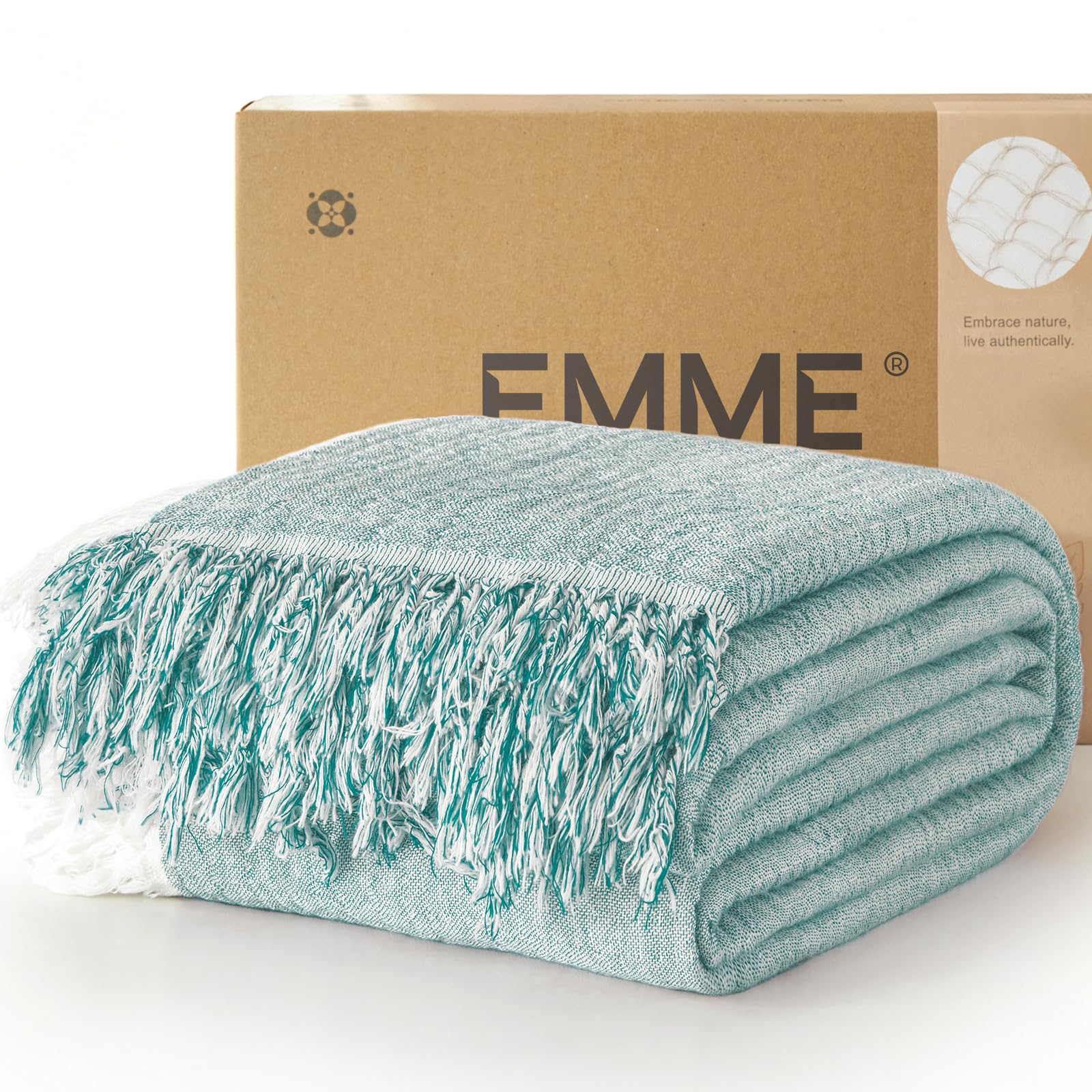 EMME Muslin Throw Blanket with Tassels, 100% Cotton Gauze, Teal, 50"x60" | Soft Breathable Gauze Throw, Lightweight, Cozy for Adults Couch Sofa Bed, Gifts for Women Mom, Boho Home Decor, All Season