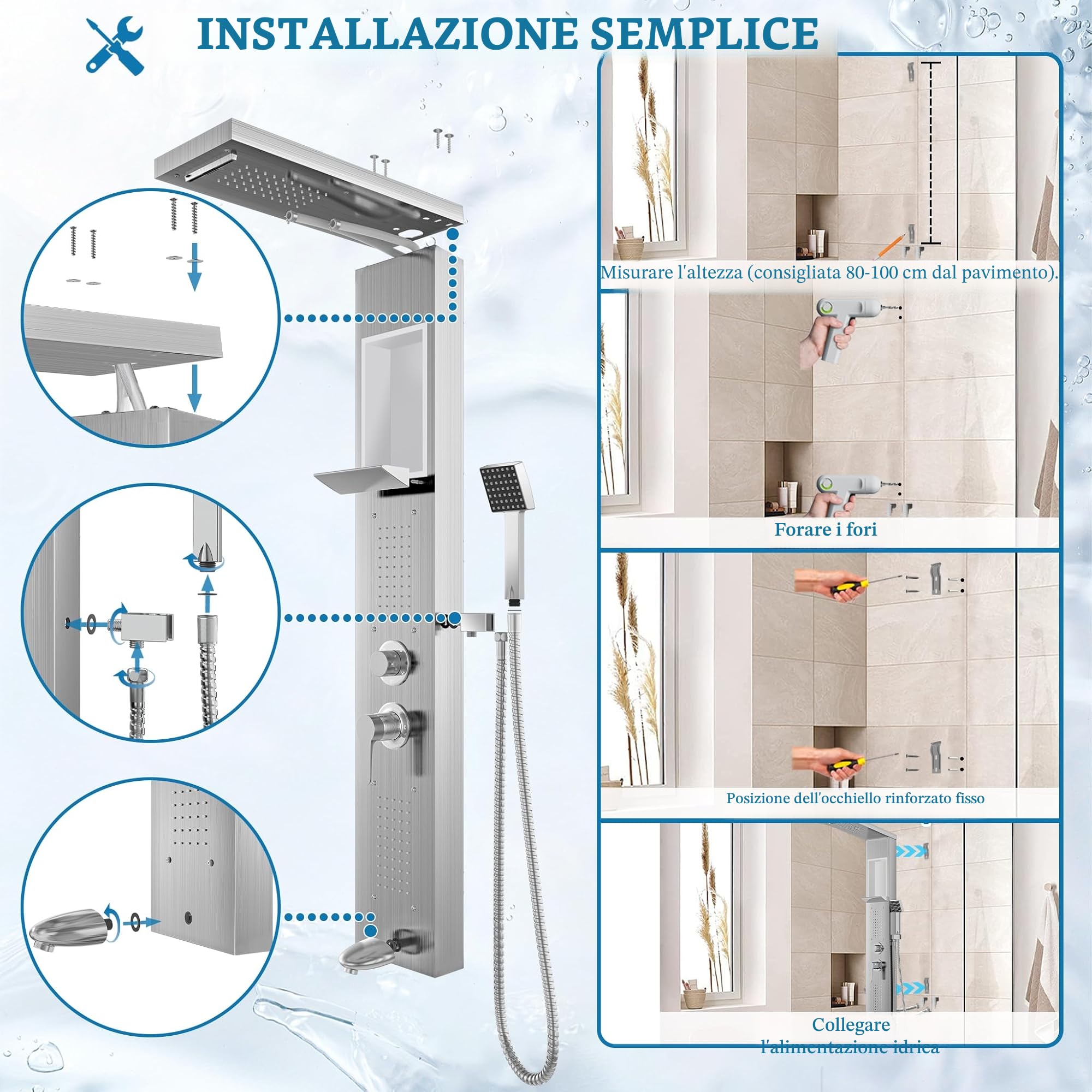 FIVMEN Pannello doccia con colonna doccia in acciaio inox, 5 funzioni, doccia a pioggia a cascata, getti massaggianti, doccetta per vasca e doccia, set completo, colore: argento