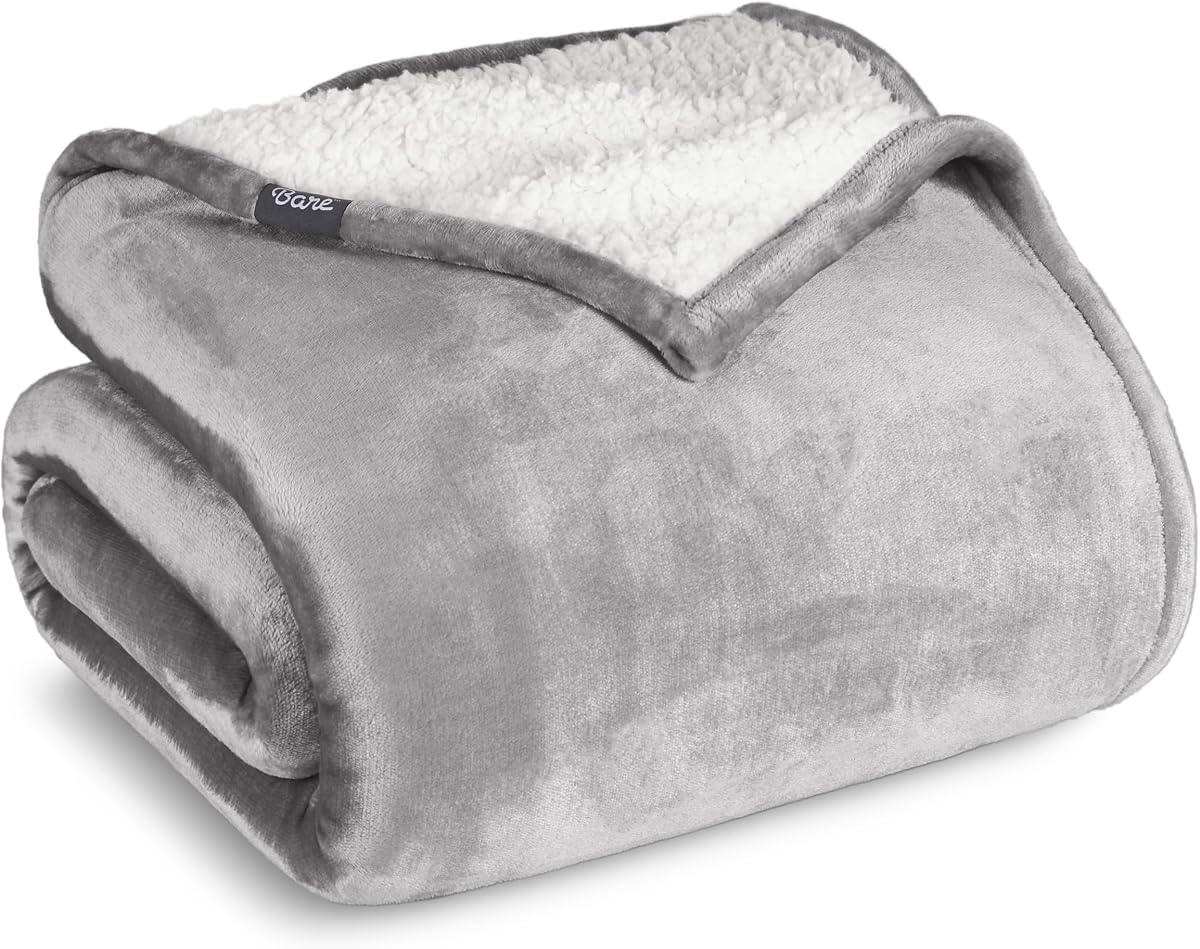 Bare Home Sherpa Fleece Blanket (Twin/Twin XL, Light Grey) | Reversible Blanket for Bed, Sofa, and Couch, Warm & Lightweight, Fluffy & Soft