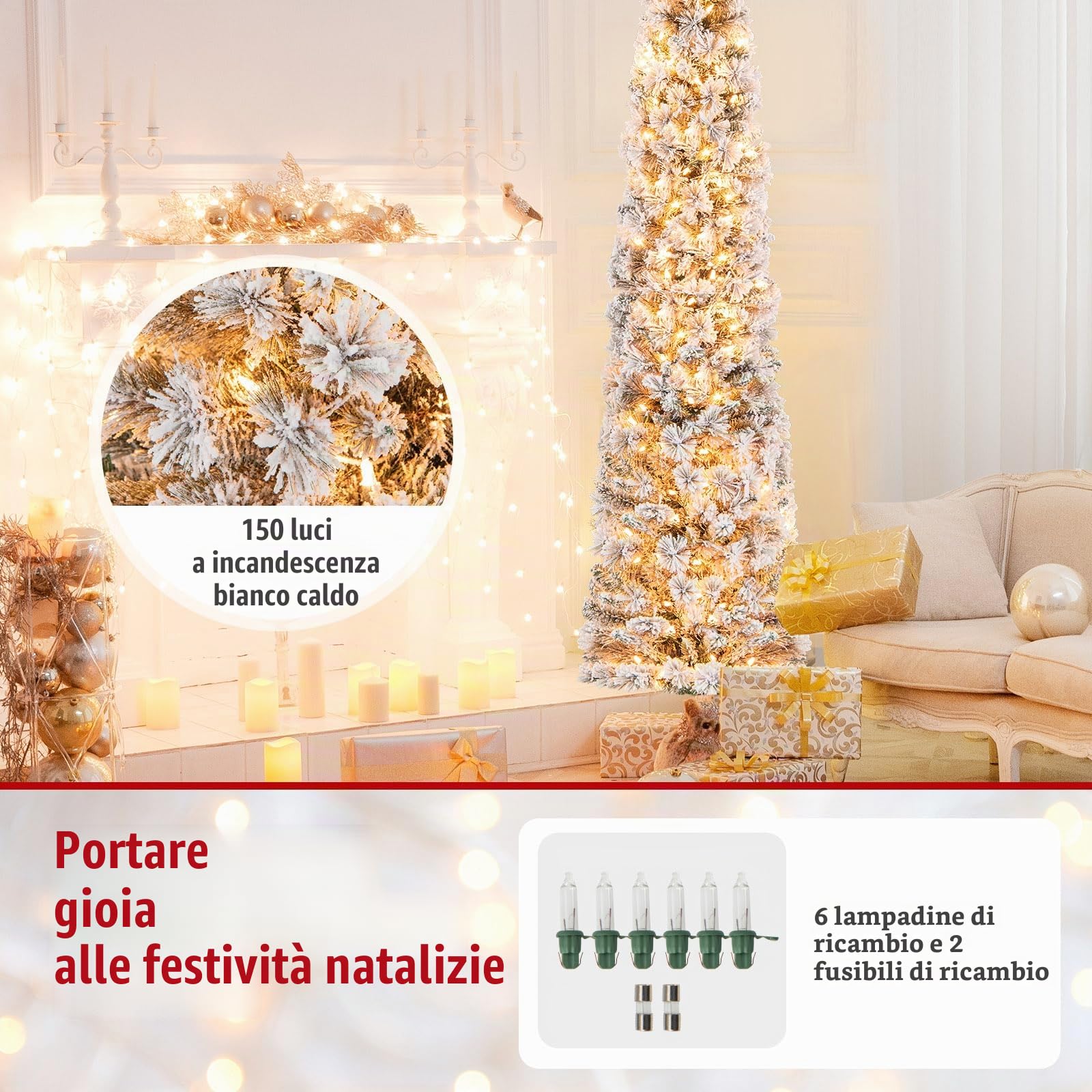 REALAX4LIFE Albero di Natale Slim 180 cm, Albero di Natale Innevato con 150 Luci LED, Rami a Ombrello, Dcorazione per le Feste