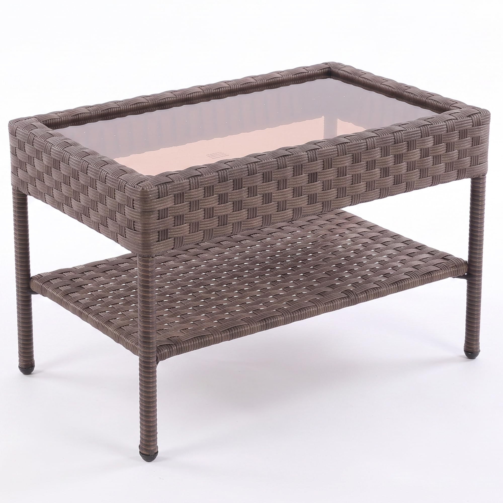 Aviina Rattan Outdoor Coffee Table with Storage Shelf – Tempered Glass Top Garden Patio Side Table, Weatherproof Wicker Balcony Furniture for Decking & Conservatory, Rustic Brown
