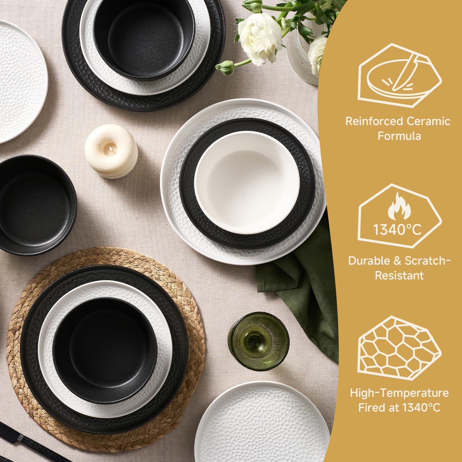 KINGSTONE Ceramic Dinnerware Set, 24-Piece Porcelain Plates and Bowls Set for 8, Matte Black or White, Hammered Texture, Microwave, Dishwasher & Oven Safe, Perfect for Home, Weddings & Gifts