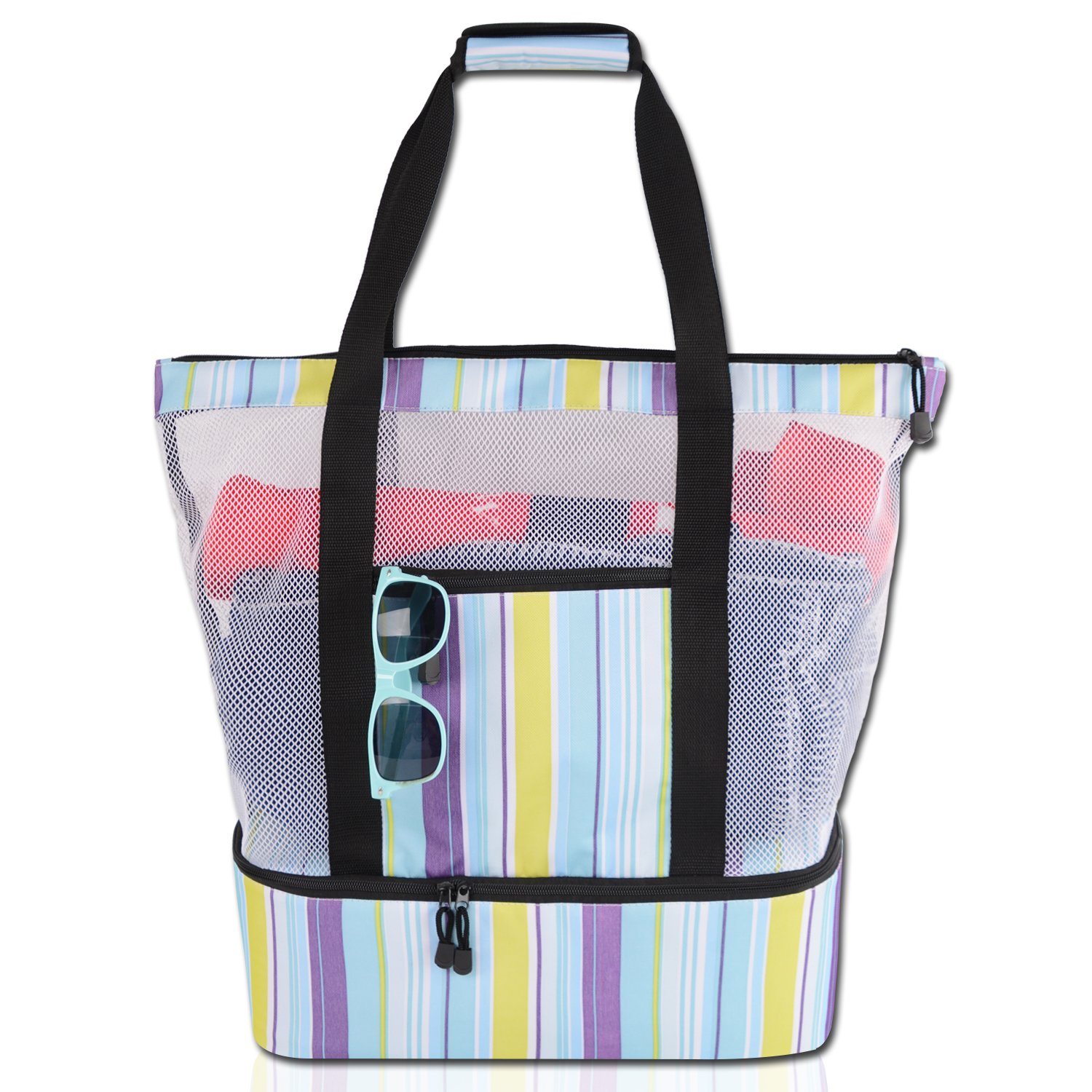 Rotanet Mesh Beach Tote Bag-Zipper Top with Insulated Picnic Cooler Extra Large (Stripe)
