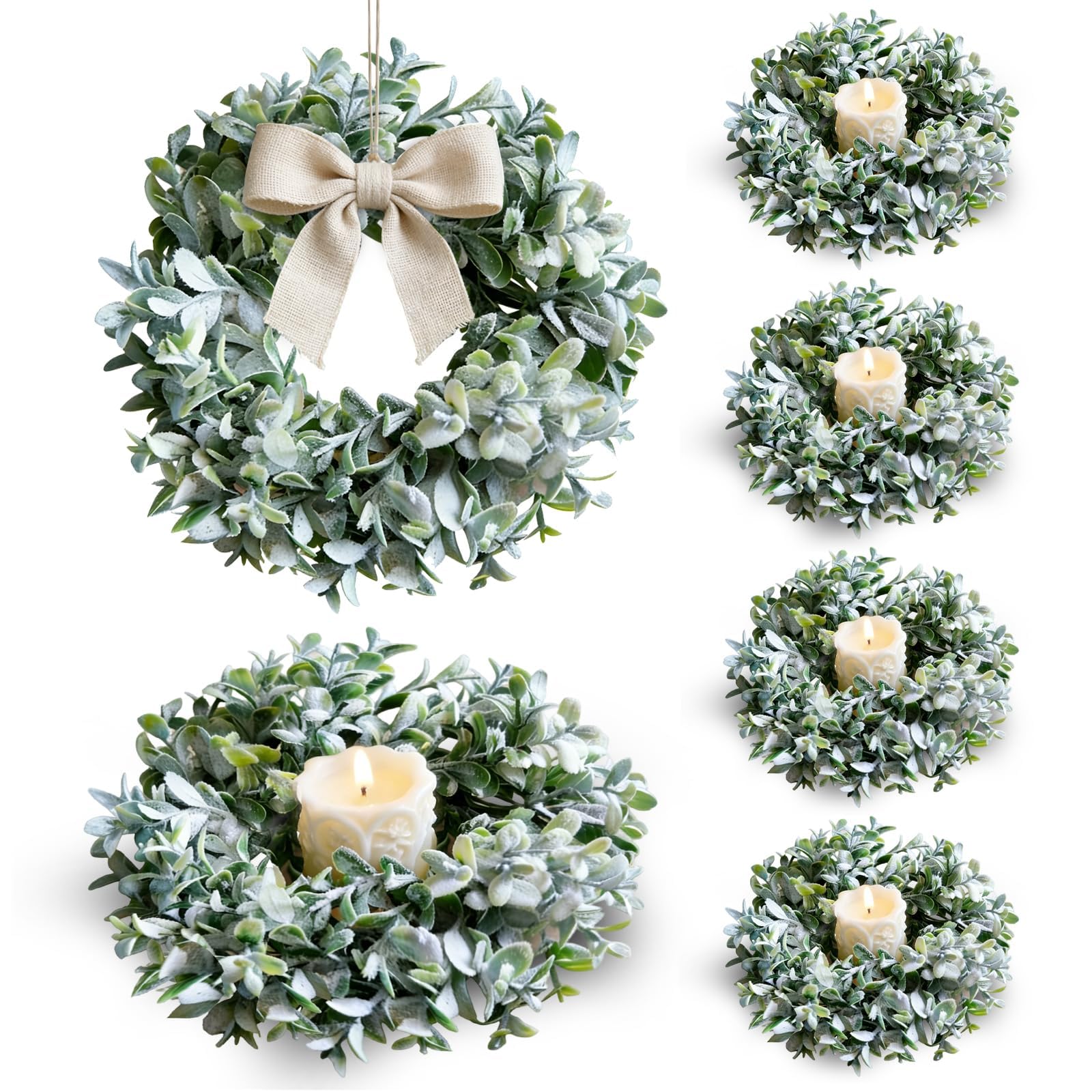 Photo 1 of 6 PCS Spring Summer Mini Greenery Wreaths 3 Inch Boxwood Candle Rings Small Flocked Eucalyptus Wreaths for Kitchen Cabinet Wreath Artificial Candle Holder for Wedding Home Door Tabletop Pillar Decor