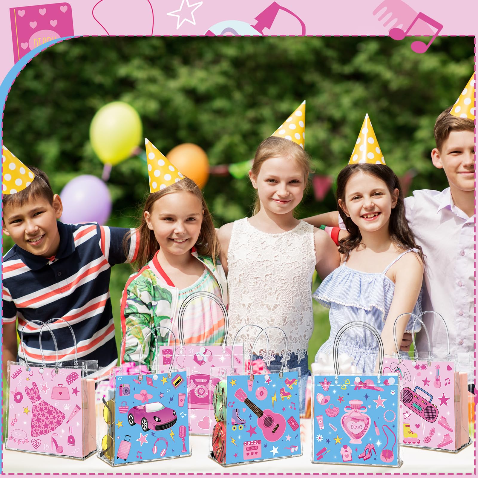 Aliceset 24 Pcs Gift Bags with Handle Clear PVC Candy Treat Goodies Tote Bags for Summer Birthday Party Favor Supplies