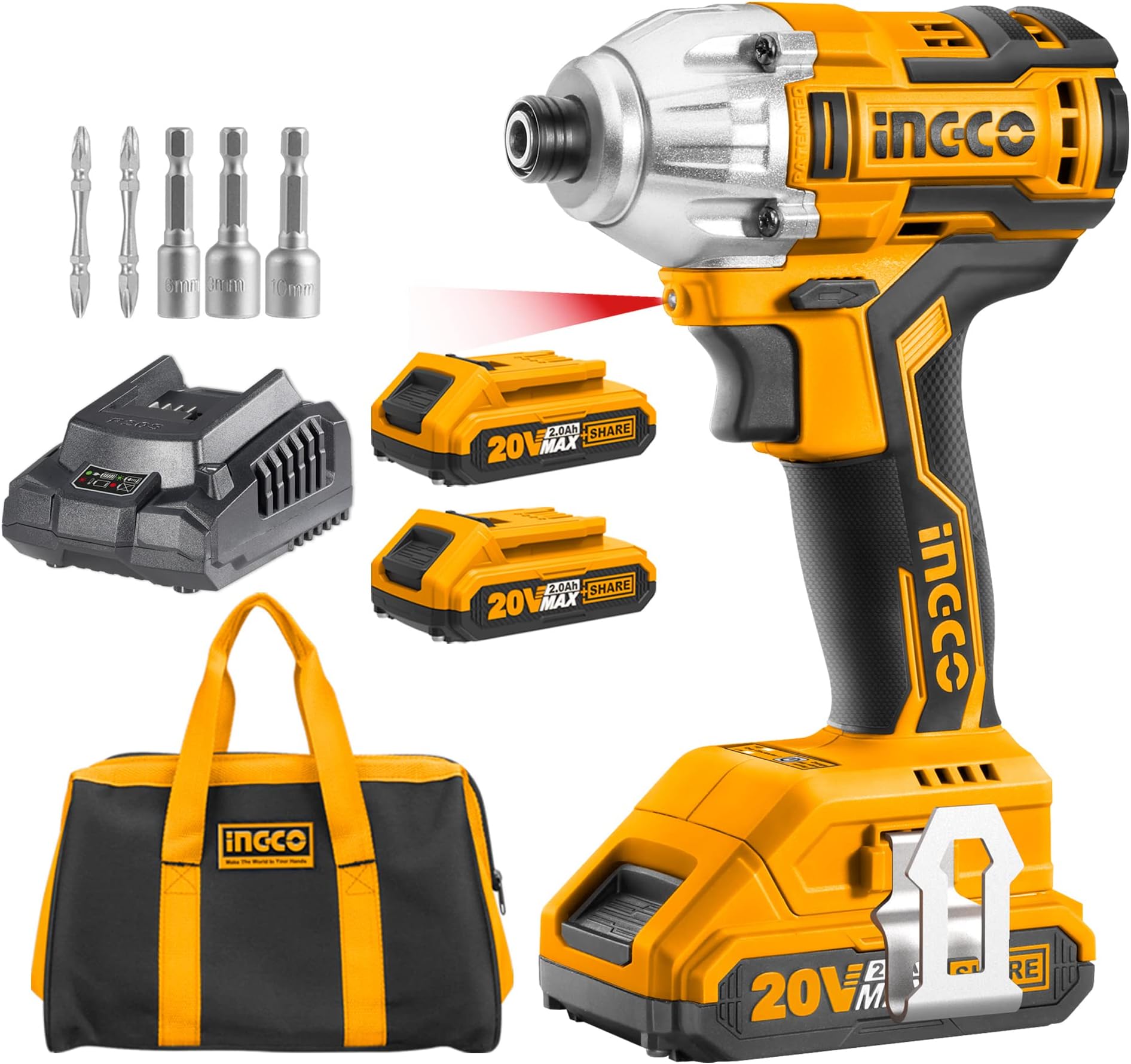 Ingco Brushless Impact Driver 20V Li-Ion Cordless Impact Driver With 2Pcs 2.0Ah Batteries, 1 Pcs Charger, 1/4 Inch, 170Nm, Multicolor