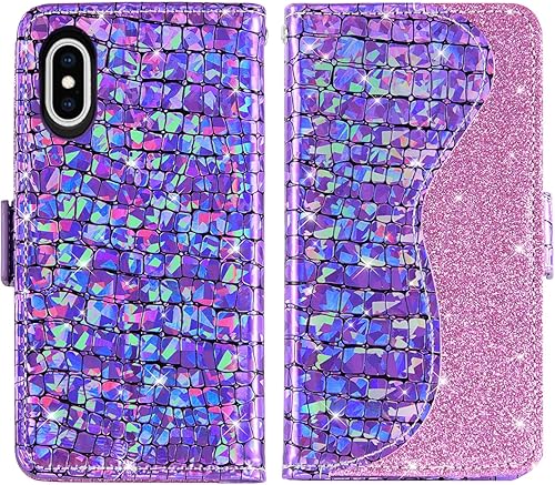 Miniatura 6 de Asuwish Funda de teléfono para iPhone Xs Max con protector de pantalla y correa para la muñeca, soporte para tarjeta de crédito con purpurina